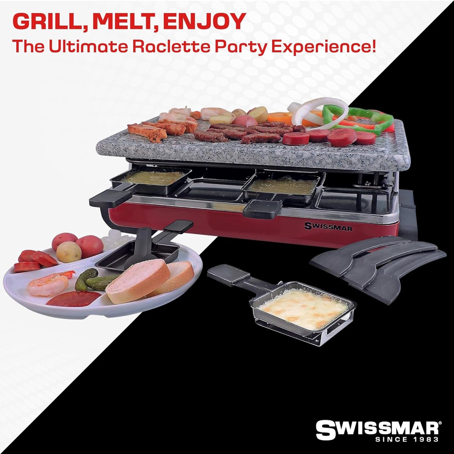 Swissmar Classic 8-Person Raclette Party Grill - Indoor Electric Grill & Griller with Granite Stone Grill Plate - Red