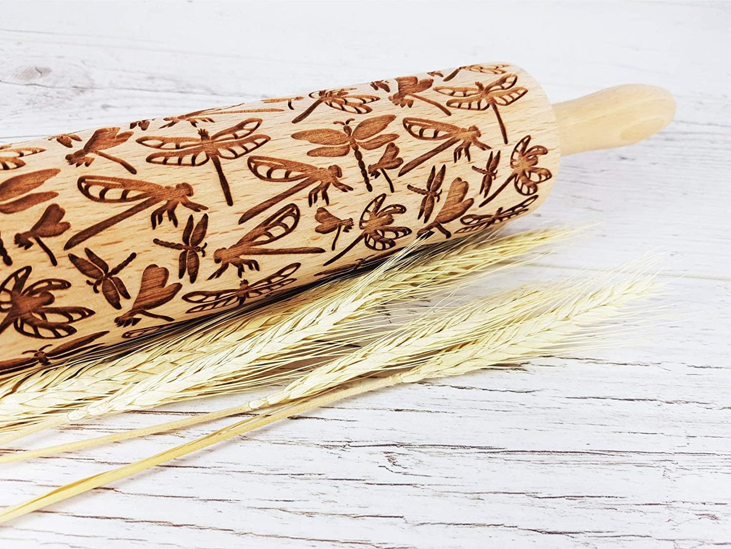 DRAGONFLY EMBOSSING ROLLING PIN WOODEN EMBOSSING ROLLING PIN with DRAGONFLY for EMBOSSED COOKIES GIFT for MOTHER FRIEND