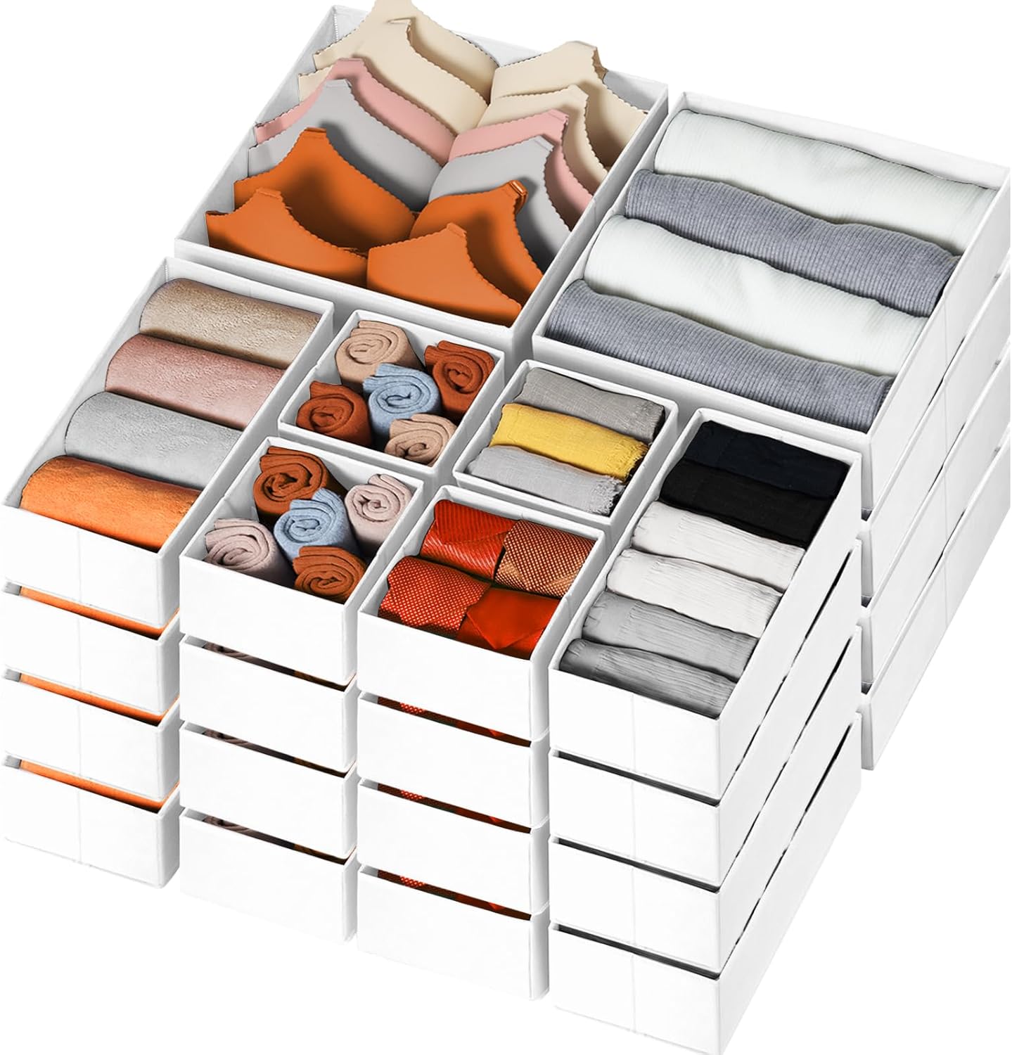Criusia Drawer Organizer Clothes, 24 Pack Dresser Organizer Bins for Nursery Bedroom, Closet Organization and Storage Dividers for Clothing, Baby Clothes, Underwears, Socks (White)