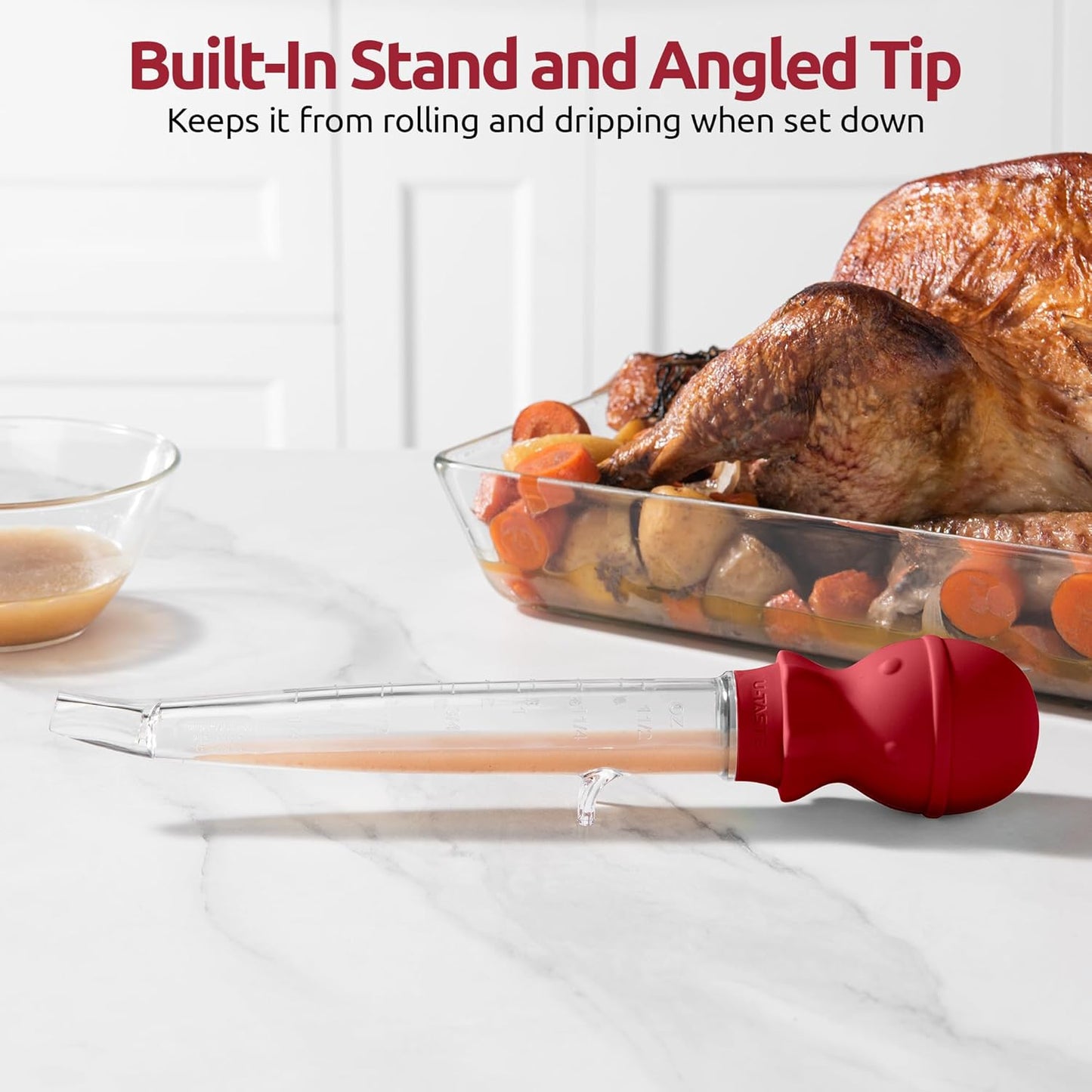 U-Taste 1.5oz Angled Turkey Baster - 228.2ºF Heat Resistant Food Grade Tritan and Silicone Large Octopus Bulb Baster Set with Cleaning Brush for Cooking Basting Meat Poultry Beef Chicken (Red)