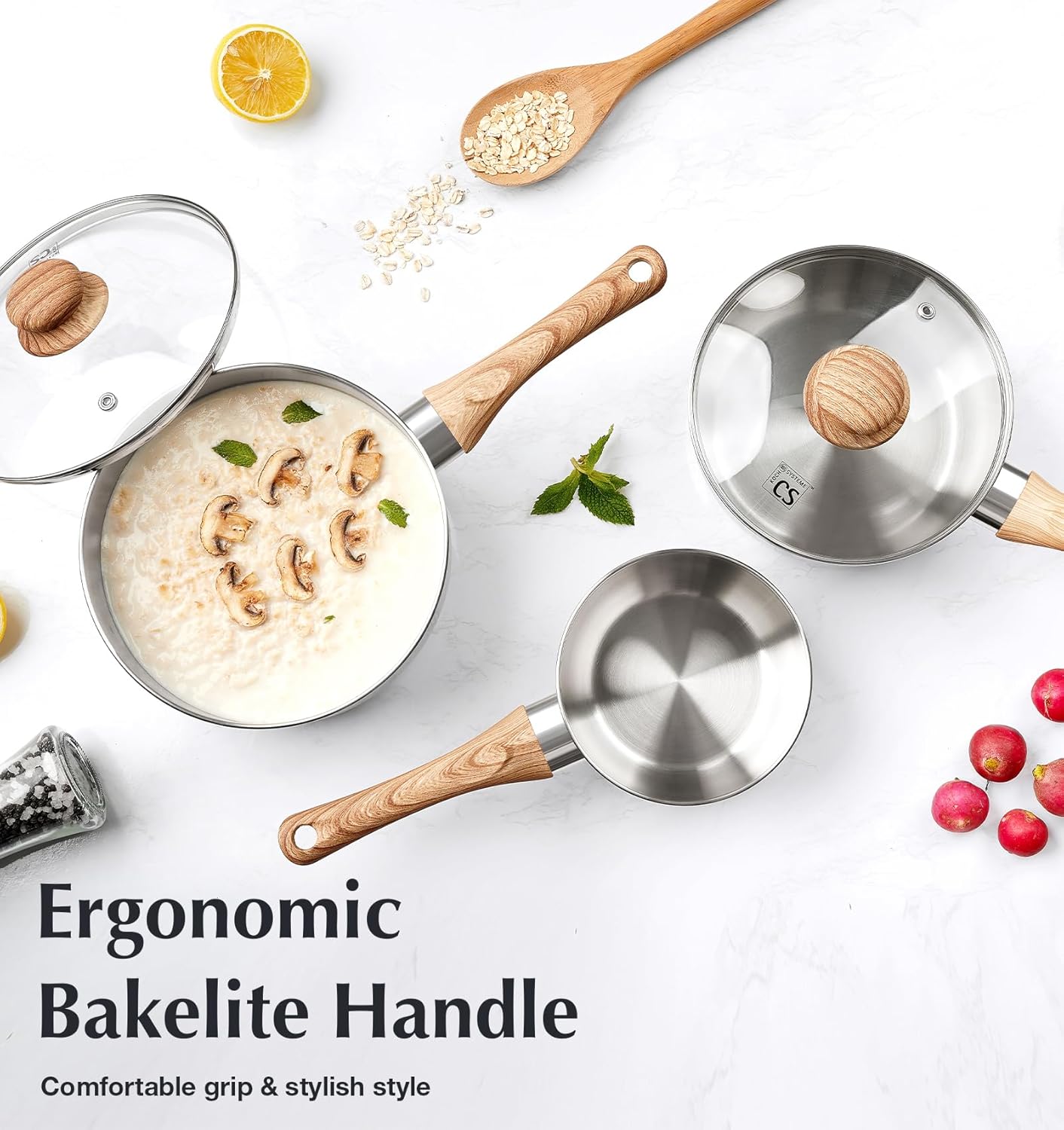 KOCH SYSTEME CS Stainless Steel Saucepan, 2 Quart Saucepan with Lid & Heat-resistant Bakelite Handle, Tri-ply Bottom Steel Sauce Pan with Lid, Induction Ready, Stainless Steel Pot 2QT