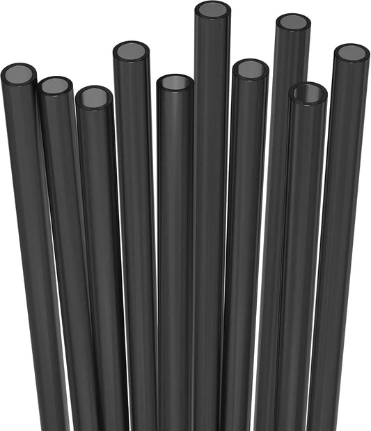 10 Long Reusable Hard Black Plastic Drinking Straws, Medium Width + Sturdy Cleaning Brush - for Tumblers, Mason Jars, Smoothies and Milkshakes - Dishwasher Safe BPA Free