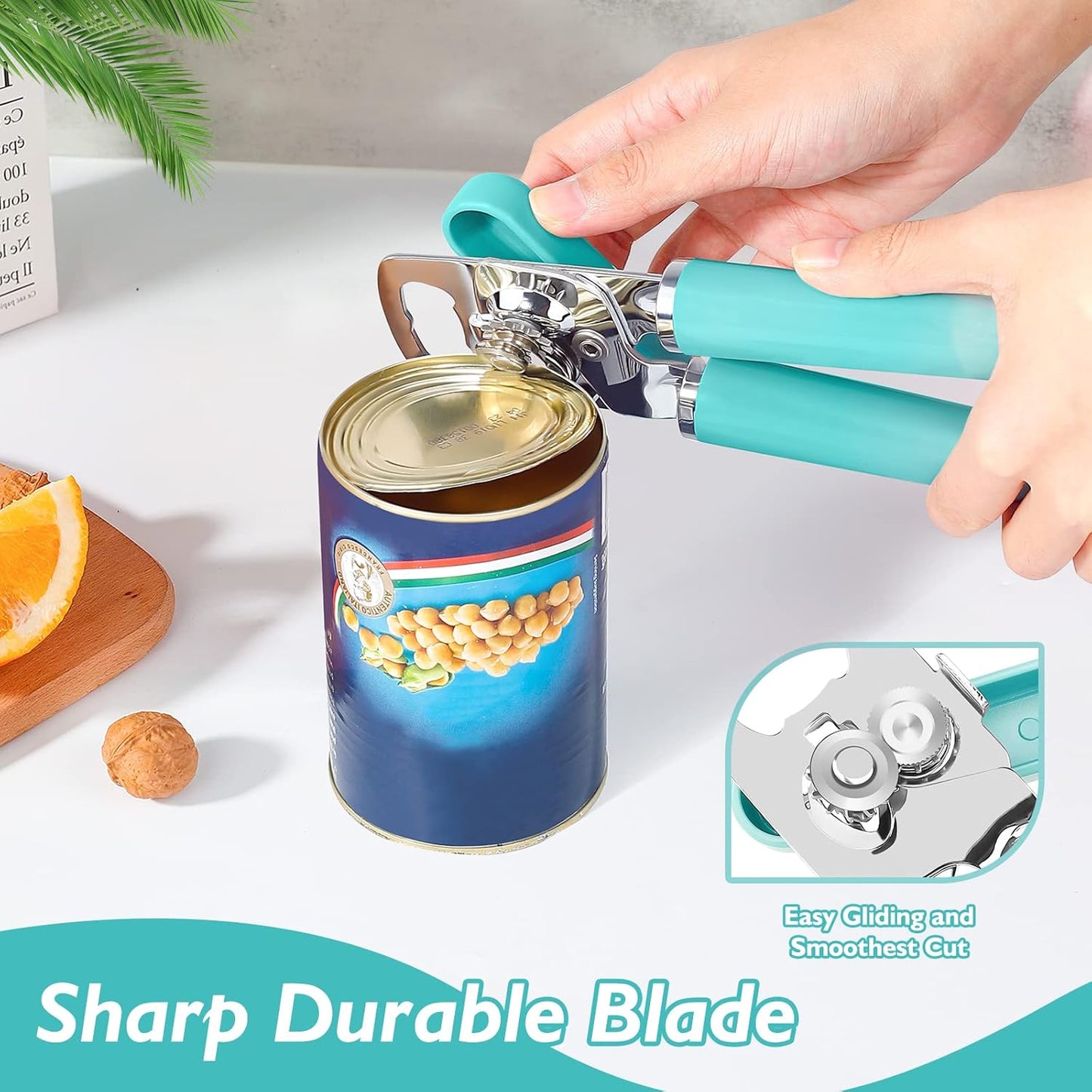 10 Colors Can Opener Manual Handheld Heavy Duty Hand Can Opener Smooth Edge Stainless Steel Can Openers Top Lid Kitchen Gadgets, Best Large Rated Easy Turn Knob, with Bottle Opener, Aqua Sky