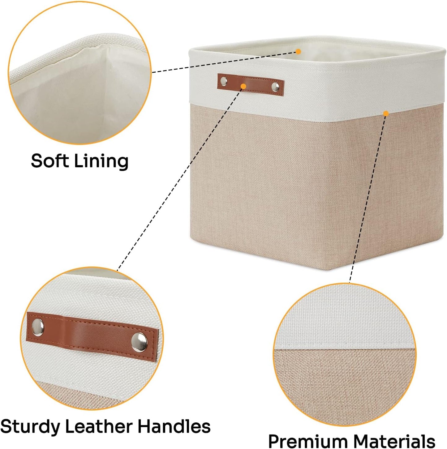 DULLEMELO Fabric Storage Cubes,13 inch Cube Stroage Bins for Empty Gift Basket,Toy Nursery Storage Linen Closet Organizers and Storage Baskets Shelves Bins(White&Khaki)