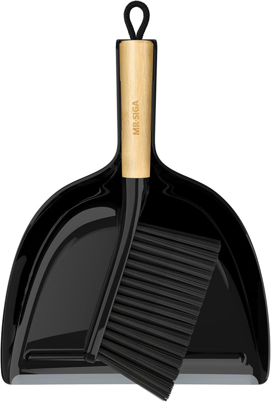 MR.SIGA Dustpan and Brush Set, Portable Cleaning Brush and Dustpan Combo with Bamboo Handle, Black, 1 Set