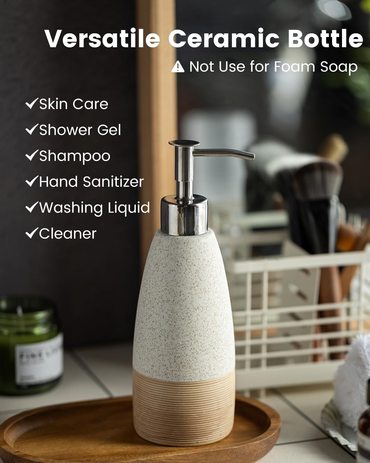 12oz Dish Soap Dispenser with Plastic Pump & Stainless Steel Pump for Hand Soap, Shampoo, Lotion, Conditioner, Ceramic Refillable Soap Bottle with Silicone Funnel for Bathroom, Kitchen, Speckled White