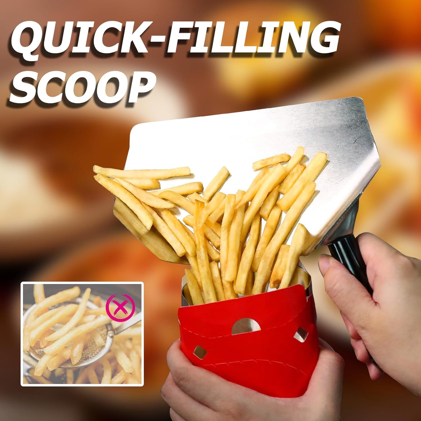 Stainless Steel French Fry Popcorn Scoop, Quick Fill Tool for Food Bags & Boxes, Multipurpose Utility Scooper for Bagger French Fries, Snacks, Desserts, Ice, Dry Goods