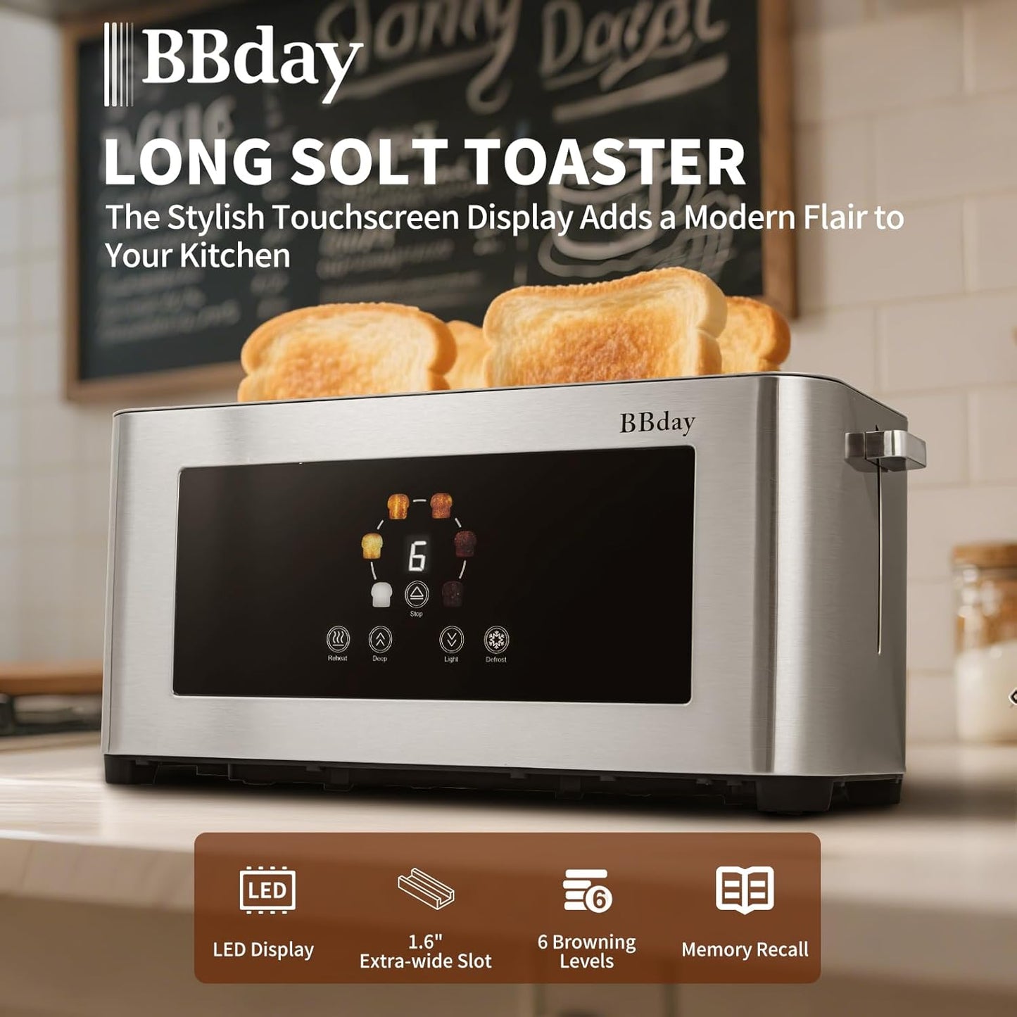Toaster 4 slice with Touch Screen LCD Display, Extra Long Wide Slots Toaste, Smart Toaster with 6 Browning Levels, Defrost, Reheat & Removable Tray, Stainless Steel