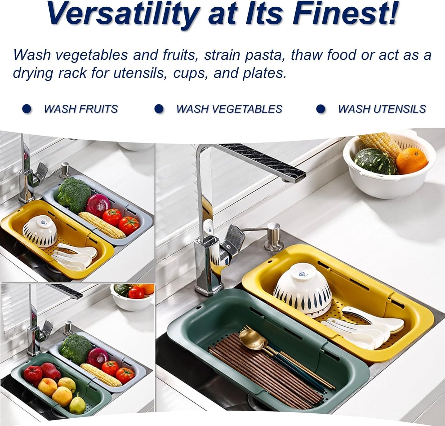 Extendable Sink Colander Strainer Basket - Wash Vegetables and Fruits, Drain Cooked Pasta and Dry Dishes - Adjustable Over the Sink Colander Collapsible Drainer Basket - Green