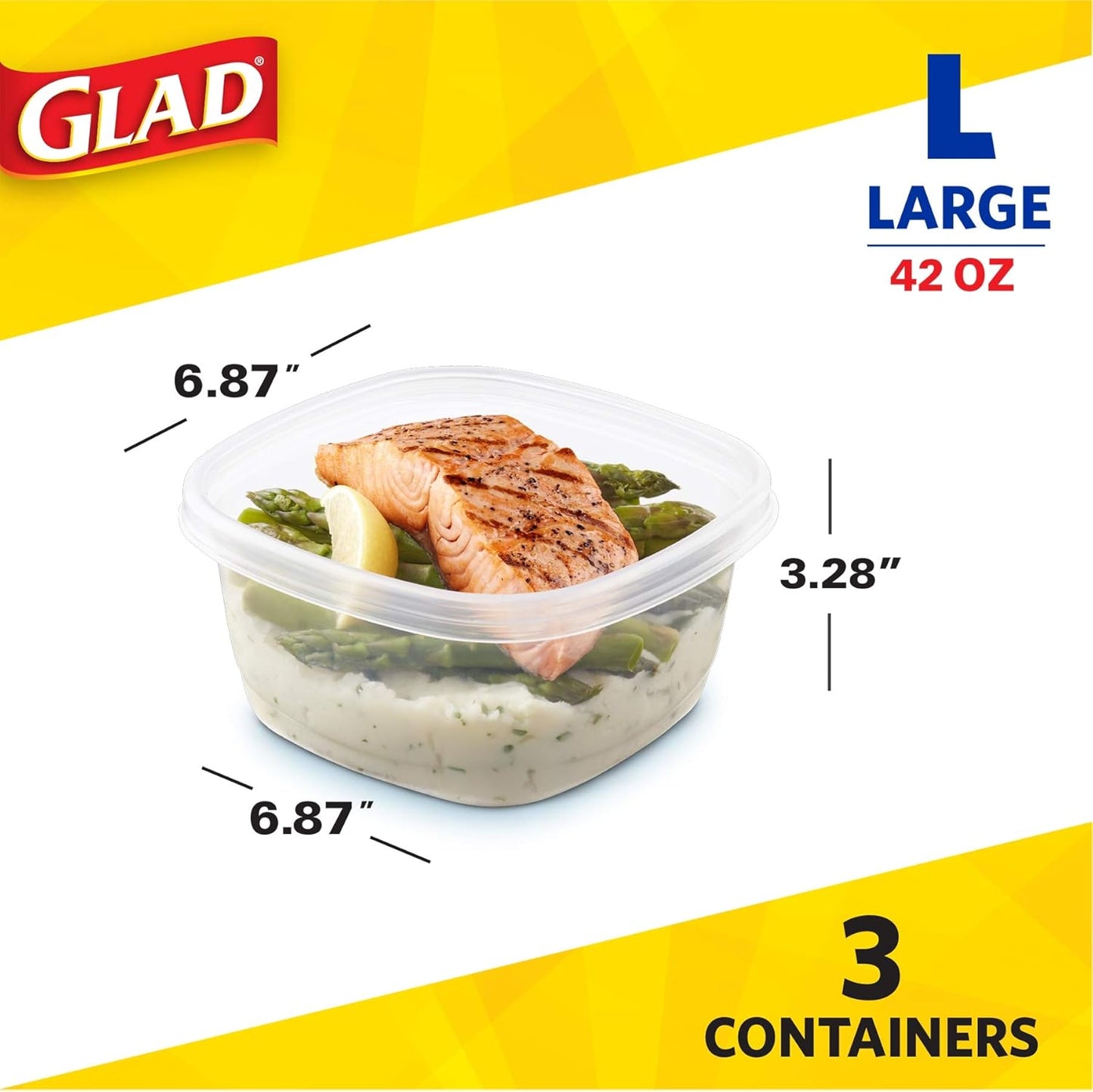 Glad GladWare Tall Entree Food Storage Containers - Large Square - Meal Container Holds up to 42 Ounces of Food - Lock Tight Seal, 3 Count - 6 Pack