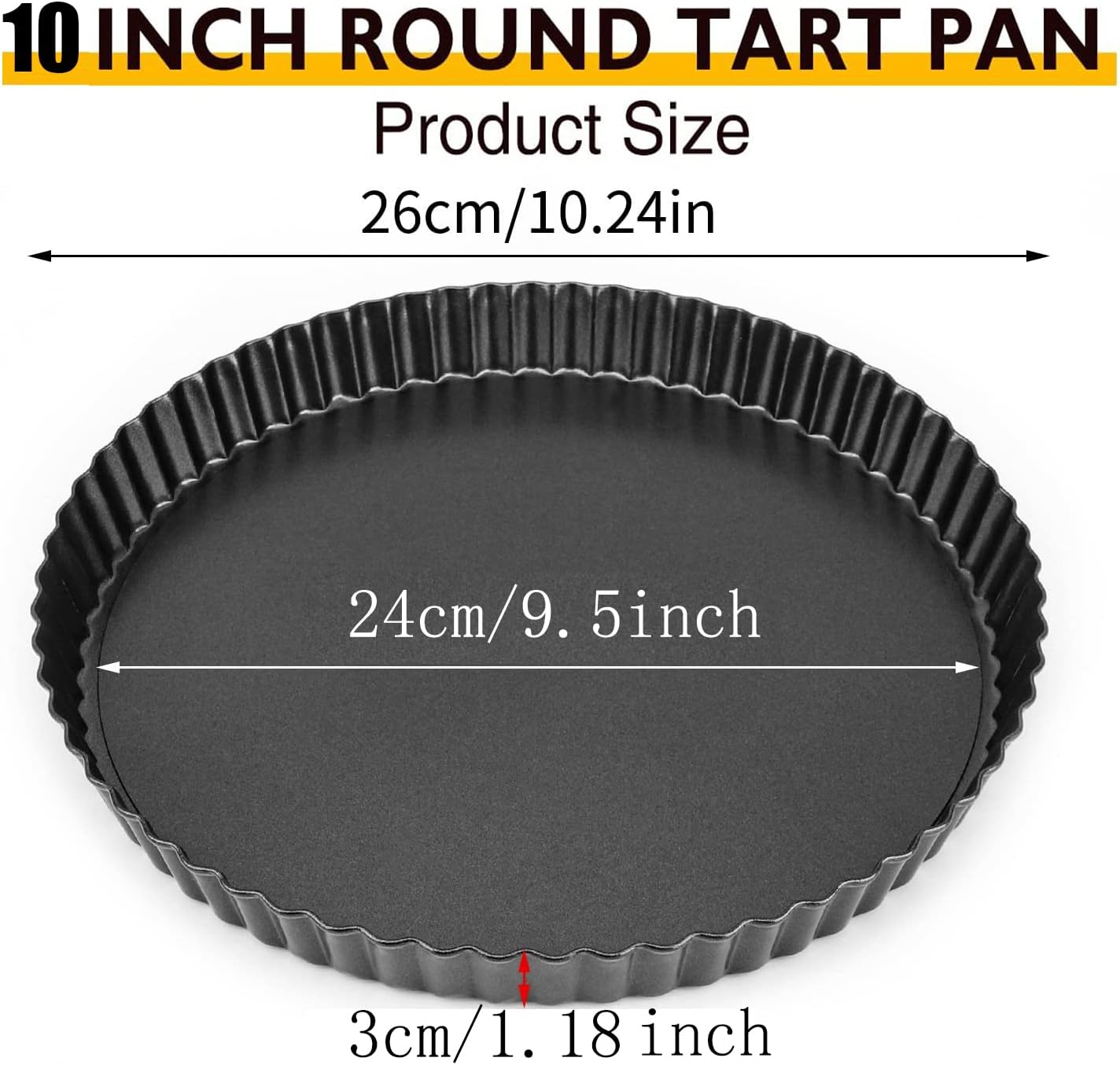 Tart Pan 10 Inch Tart Pan Carbon Steel Round Non-Stick Pan Quiche Pan with Removable Chassis for Mousse Cakes, Kitchen Reusable Baking Tool with A Depth of 1.18 Inches