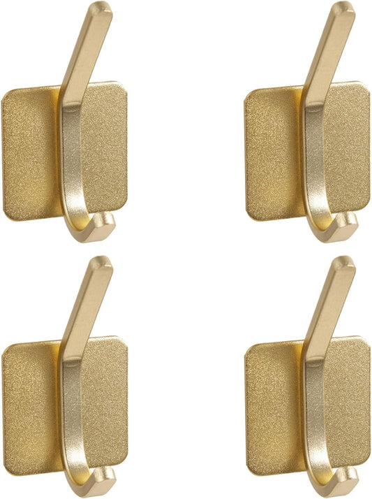 Aluminum Wall Hooks, No Drill Damage-Free Adhesive Hook, Product for Hanging Heavy Duty for Bathroom Kitchen Home (Double Square Gold Hook, 4)