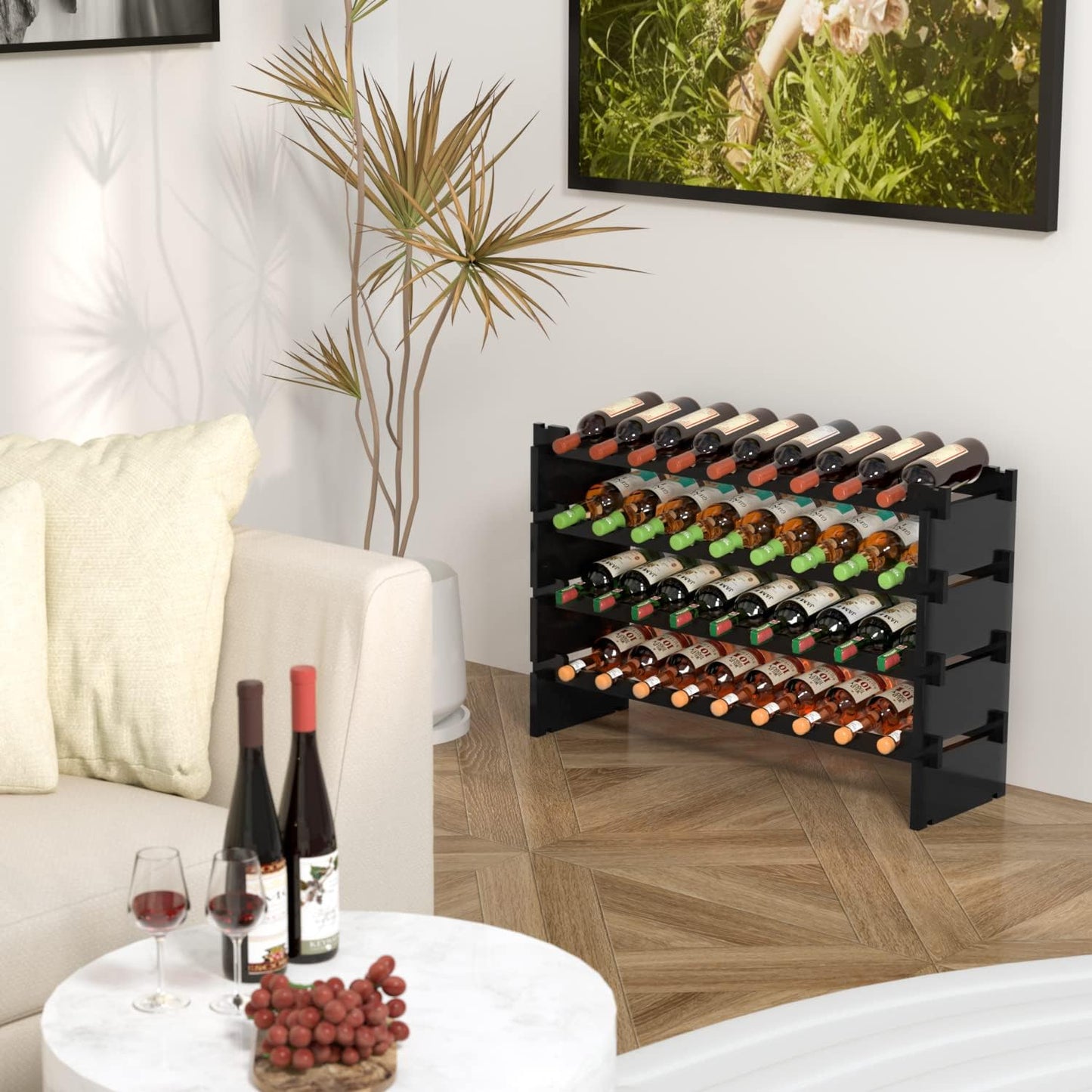 Domax Wine Rack Freestanding Floor - 36 Bottle Wooden Stackable Wine Storage Holder for Cabinet, Bar, Pantry and Cellar 33.5 inch Wide(Black)