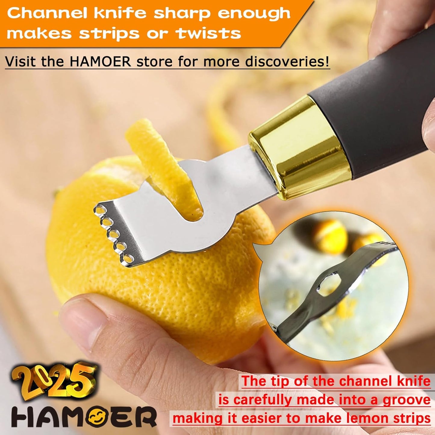Lemon Zester Tool with Channel Knife Citrus Twist Making Tool Ergonomic Curved Handle Gold-Black