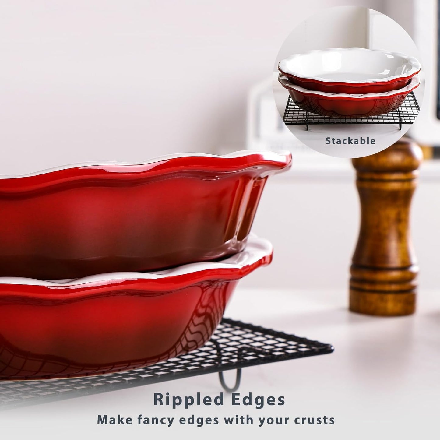 Lareina Pie Pans for Baking, Ceramic 9 Inch Deep Pie Dish with Rippled Edge for Apple Pie, Pecan Pie, Colorful and Durable Pie Plate, Christmas Gifts for Women, Set of 2, Red