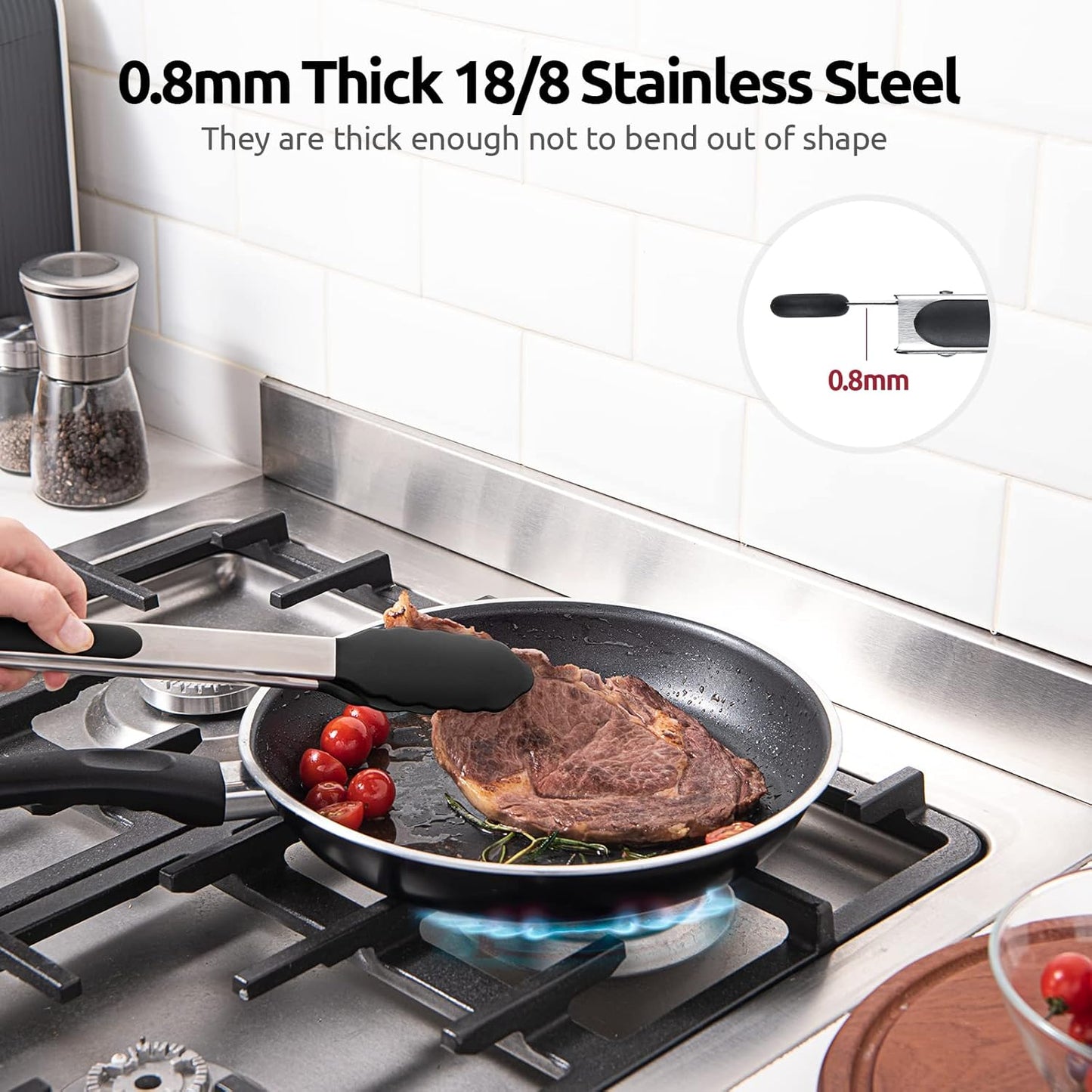 600ºF Heat Resistant Kitchen Tongs: U-Taste 12 inch Large Silicone Cooking Tong with Sturdy Non Stick Rubber Tips & Silicon Coated 18/8 Stainless Steel Handle & Smooth Locking for Serving Grill(Black)