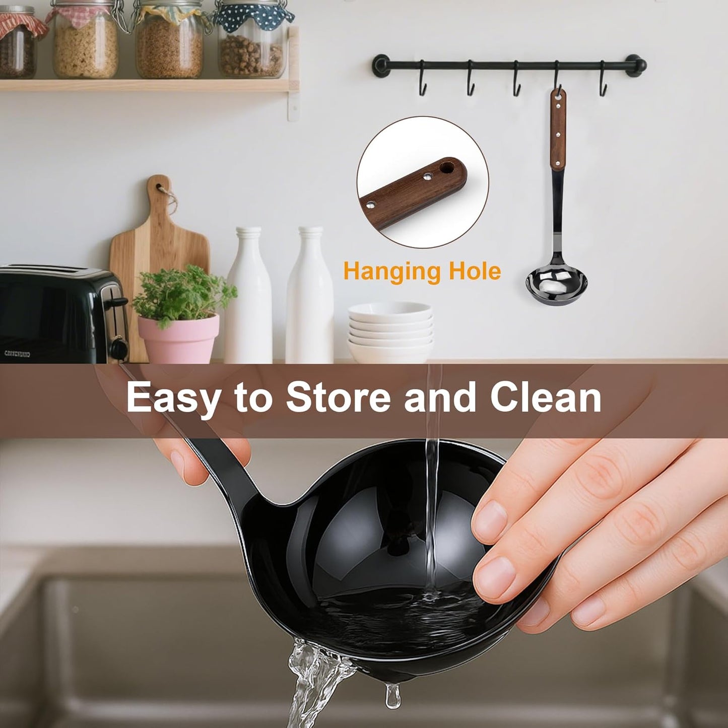 FJNATINH Soup Ladle, 304 Stainless Steel Ladle Spoon for Serving Wok Soup with Ergonomic Heat-proof Wooden Handle, [Heat Resistance, Integral Forming]