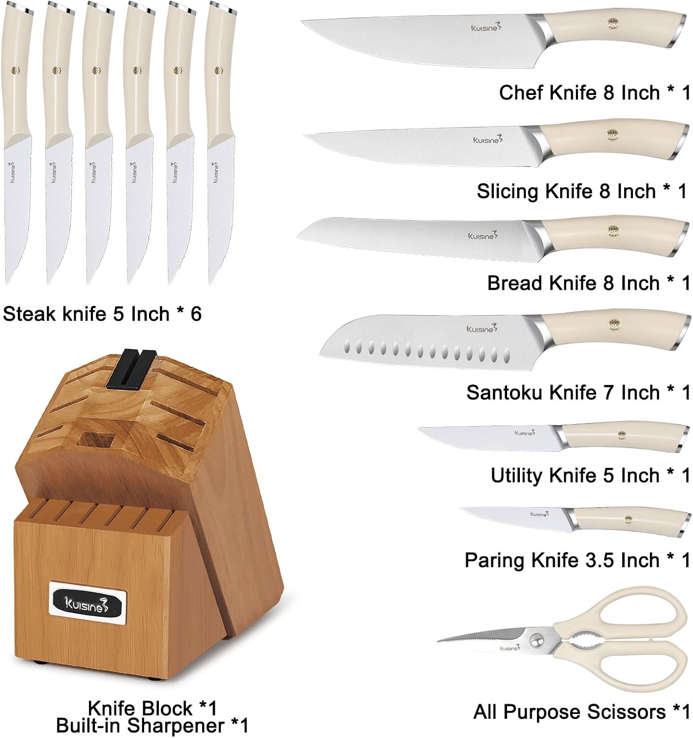 Kuisine Kitchen Knife Set,High Carbon Stainless Steel Ultra Sharp Blade Ergonomic Handle,Knife Block Set with Built-in Sharpener,Elegant Gift for Holiday(Irovy-Acacia,15PCS)