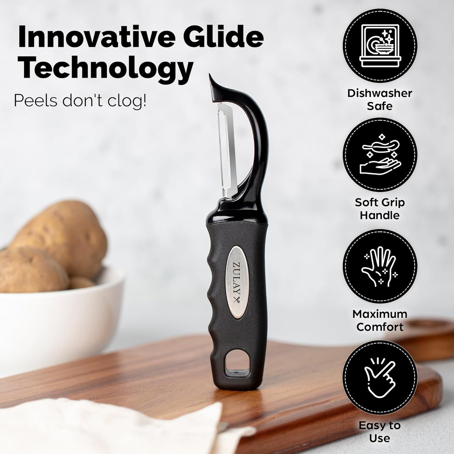 Zulay Kitchen Premium Vegetable Peeler for Kitchen - Swivel Peeler with Razor Sharp Stainless Steel Blades & Strong Ergonomic Handle - Dishwasher Safe, Easy To Use with Blemish Remover - Black