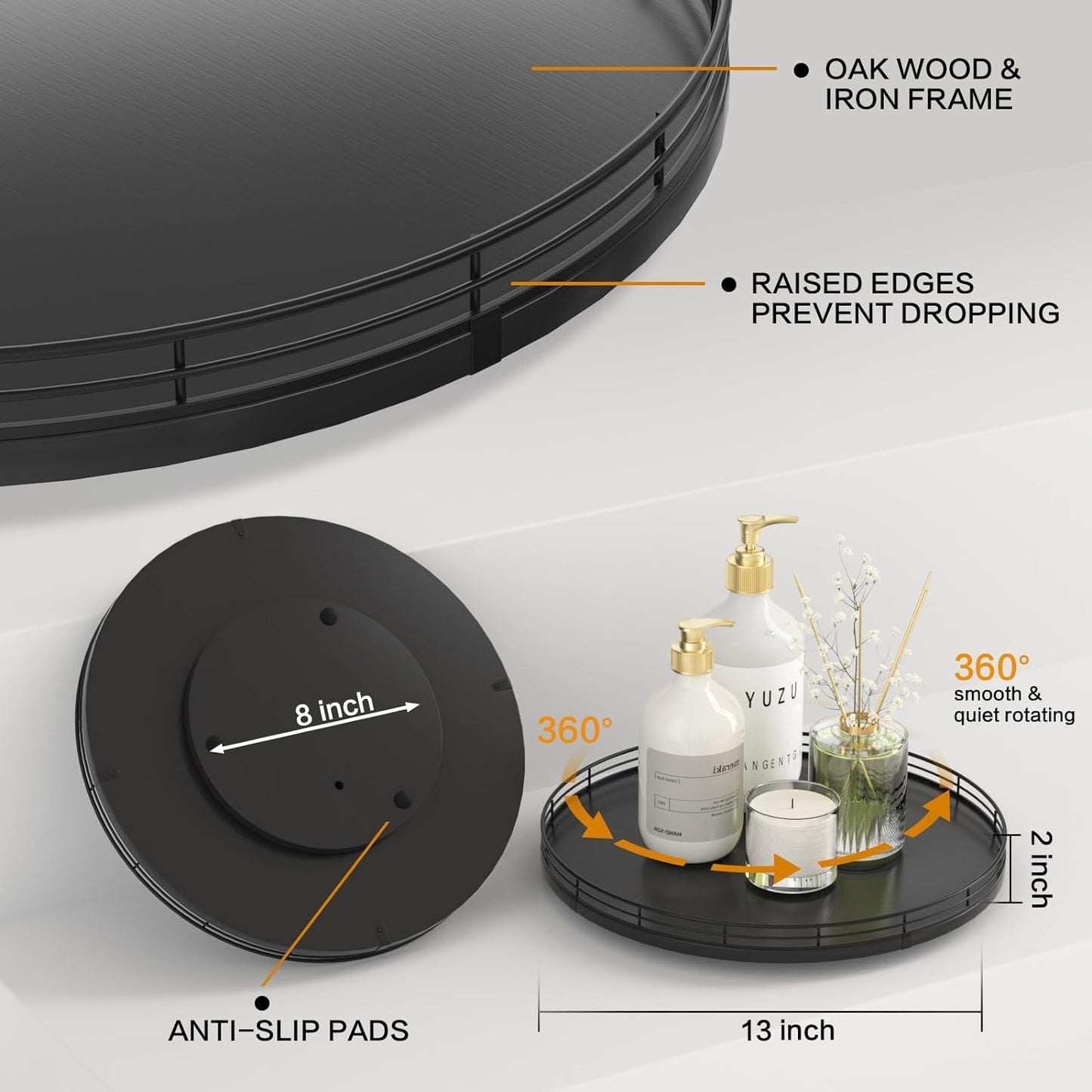 13" Oak Wood Lazy Susan Organizer, Lazy Susan for Cabinet Dining Table Pantry Wood Turntable Organizer Tray for Coffee Table Kitchen Countertop Salt Pepper Spice Organization and Storage Round Black