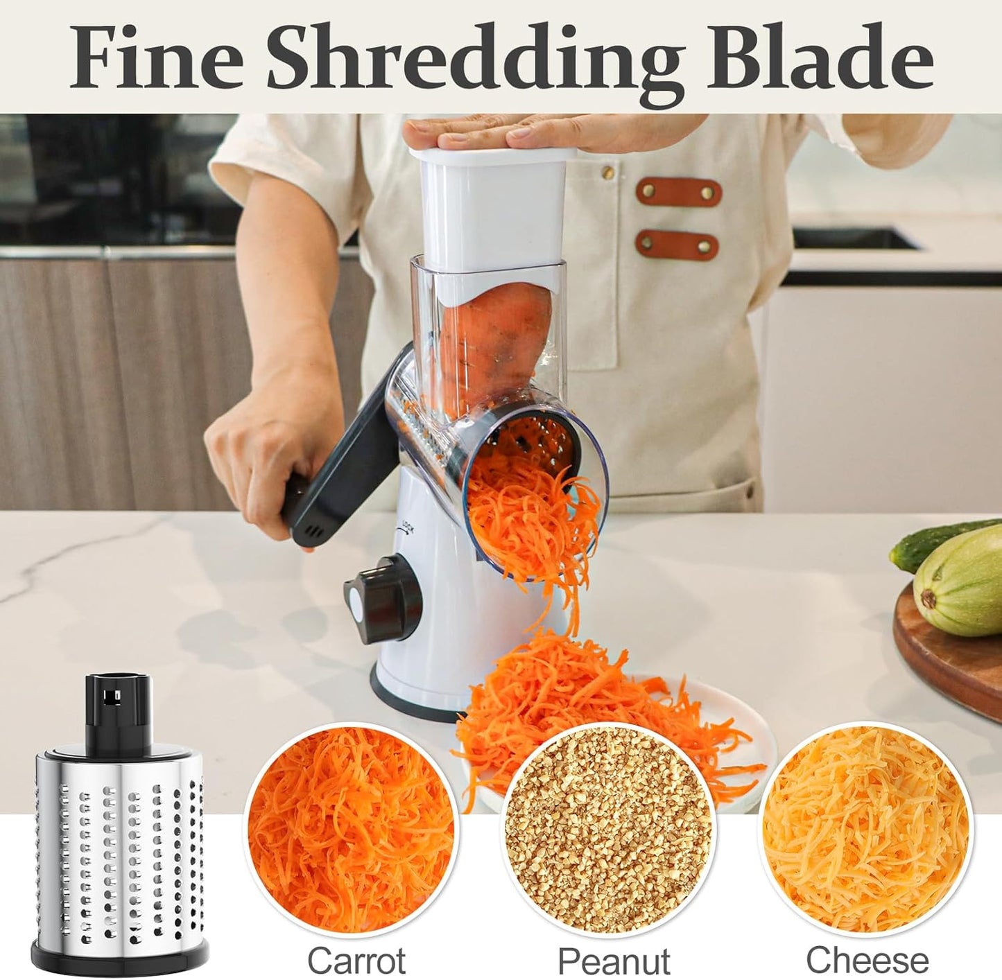 Cambom Rotary Cheese Grater Hand Crank Cheese Shredder for Fresh Cheese, Vegetable, Nuts,Non-slip Suction Base, Free Cleaning Brush Three Blades, White and Black