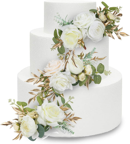 Rinlong 3Pcs Pre-made Cake Toppers Flowers Cake Decorations Wedding Cake Decorating Flowers Decor Christening Birthday Baptism Baby Shower Party Cake Topper Flower Arrangements White Gold