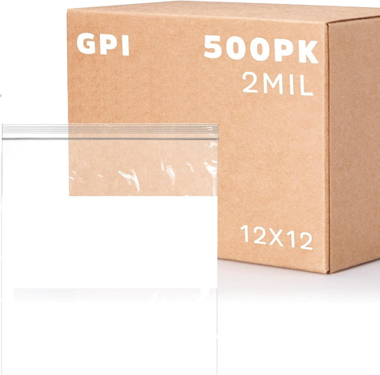12" x 12" Large Zip Bags, 2 Mil Thick Clear Plastic Reclosable Zipper Lock Bags with Write-on White Block, with Resealable Zip Top Lock for Food Storage & Office Supplies, 500 Count