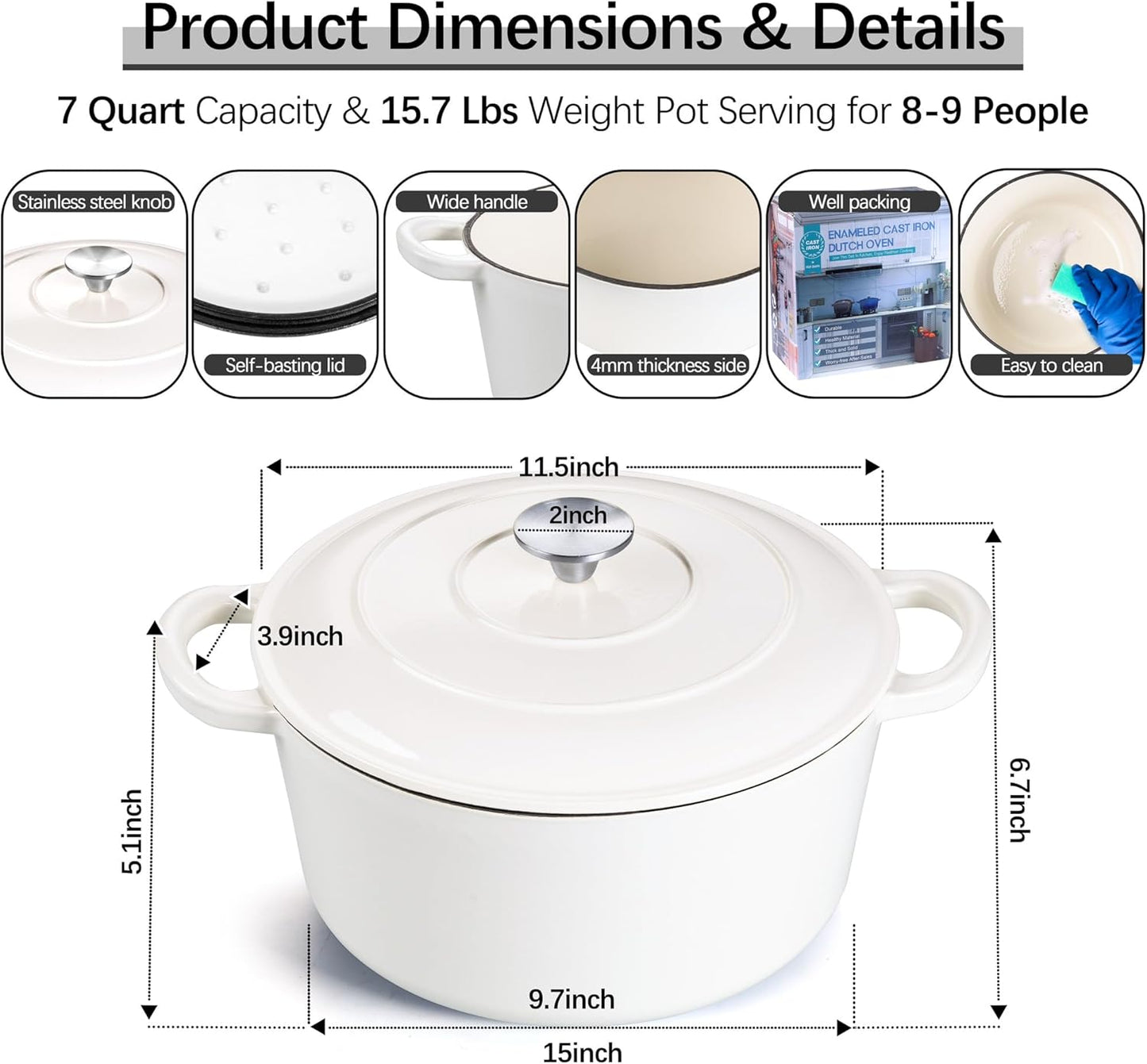 E-far 7QT Enameled Dutch Oven, Cast Iron Dutch Oven Pot with Lid for Cooking/Bread Baking/Braising/Roasting/Stewing, Heavy Duty Round Nonstick Cookware Safe for Induction & Oven - White