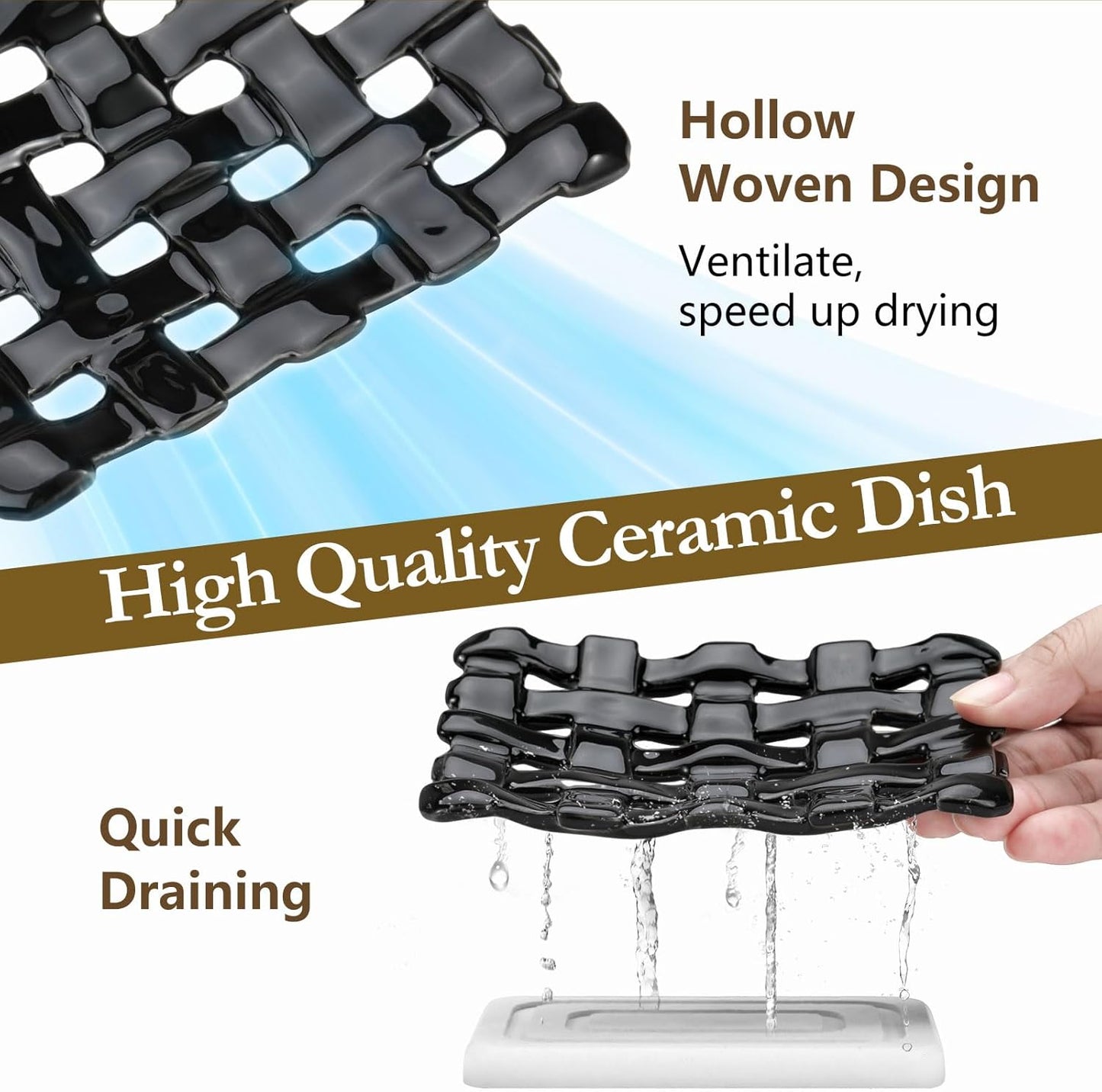 Shinowa Self Draining Soap Dish, Dual Layer Soap Container, Woven Ceramic Soap Tray + Diatomaceous Earth Base, Dish Soap Holder for Kitchen, Bathroom, Shower, Quickly Drain Water, Easy to Clean