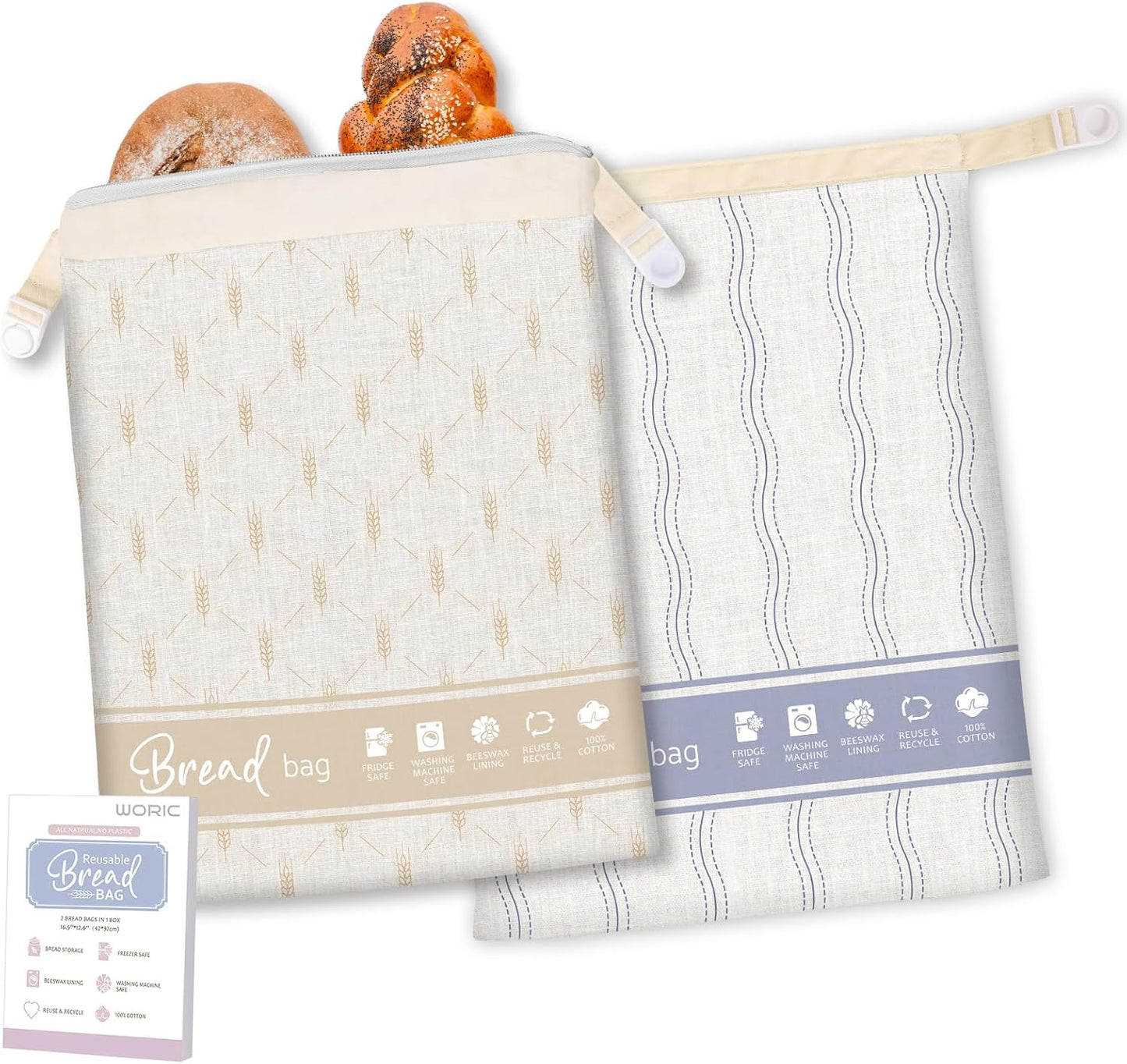 Beeswax Bread Bags for Homemade Bread, 2 Packs XL Reusable Bread Bag for Sourdough Large Cotton Bread Storage Bags for Baking Supplies Freezer Fresh Keeping