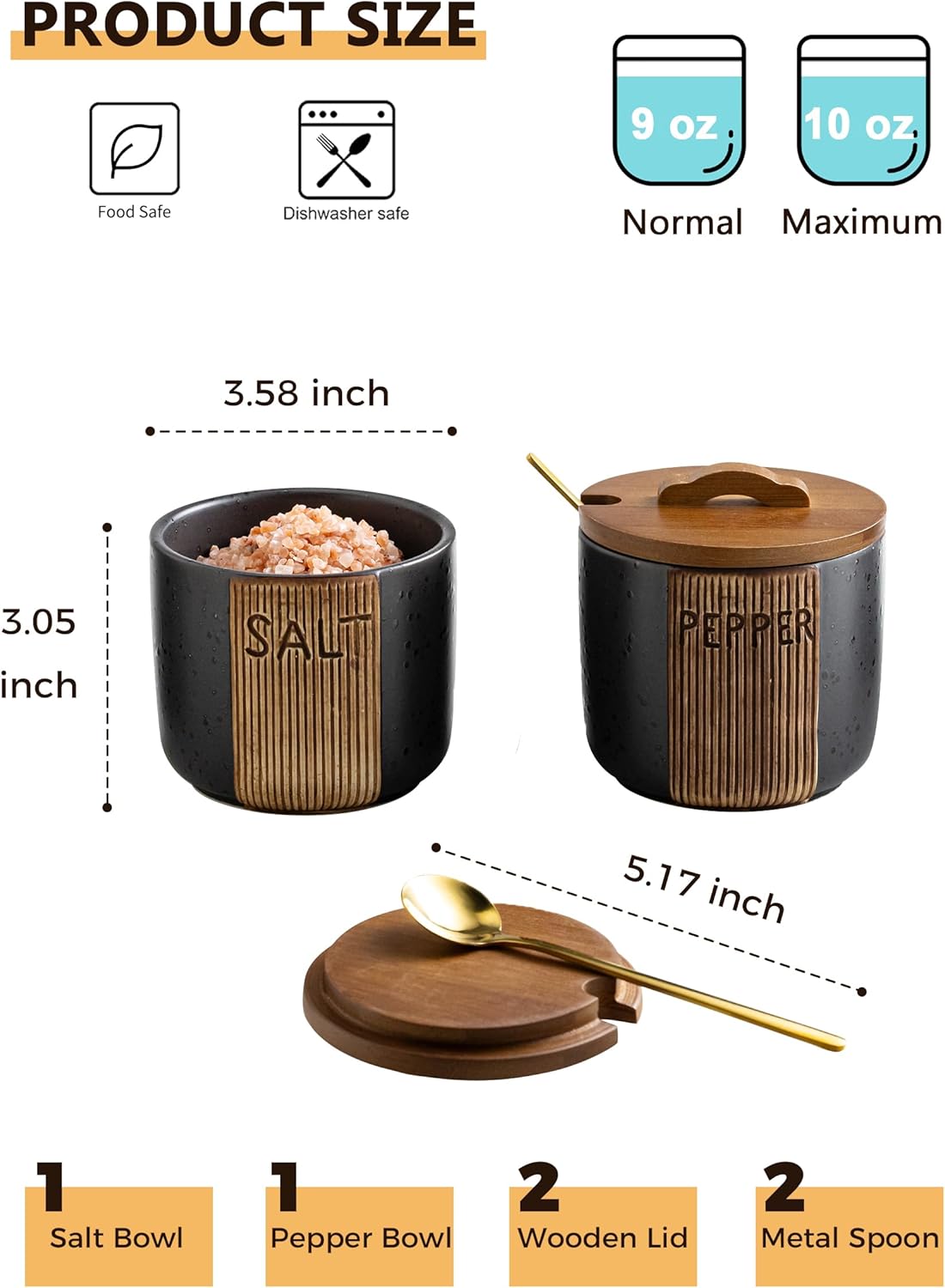 Salt and Pepper Bowl, Ceramic Salt Containers for Countertop, Salt and Pepper Cellar with Lid and Spoons, Black