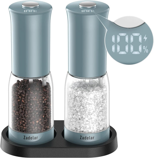 Salt and Pepper Grinder Set with LED Power Display,Larger Capacity Salt and Pepper Shakers Set Electric Rechargeable with Flexible Coarsenes,LED Light,One Hand Operation for Kitchen(Blue)