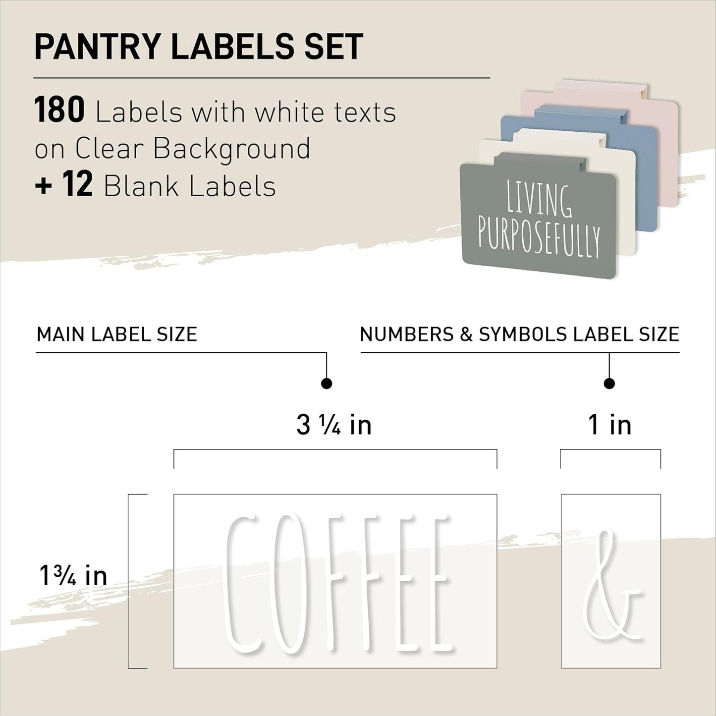 Hygge & Sage Pantry Labels for Containers Preprinted - 180 Waterproof Labels, Durable, Removable Kitchen Stickers, Clear with White Print. Perfect for use on Basket Labels, Pantry, and Refrigerator.