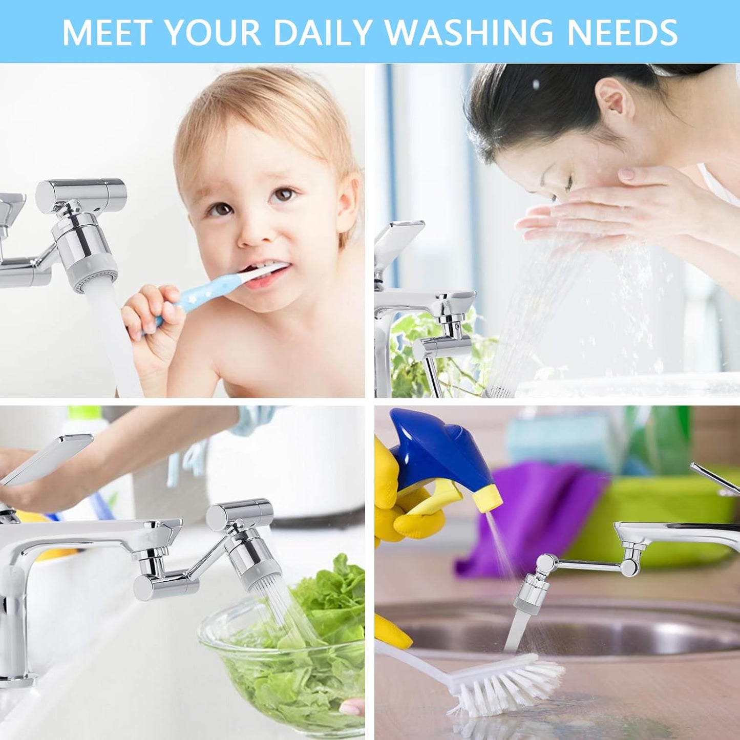 TIDYENDURE 1080°Swivel Faucet Extender, Sink Water Faucet Aerator Extension, 2-Flow Sprayer Faucet Head, Faucets Bubbler for Kitchen and Bathroom Sink Faucet, Tap Adjustment for Face Washing, Silver