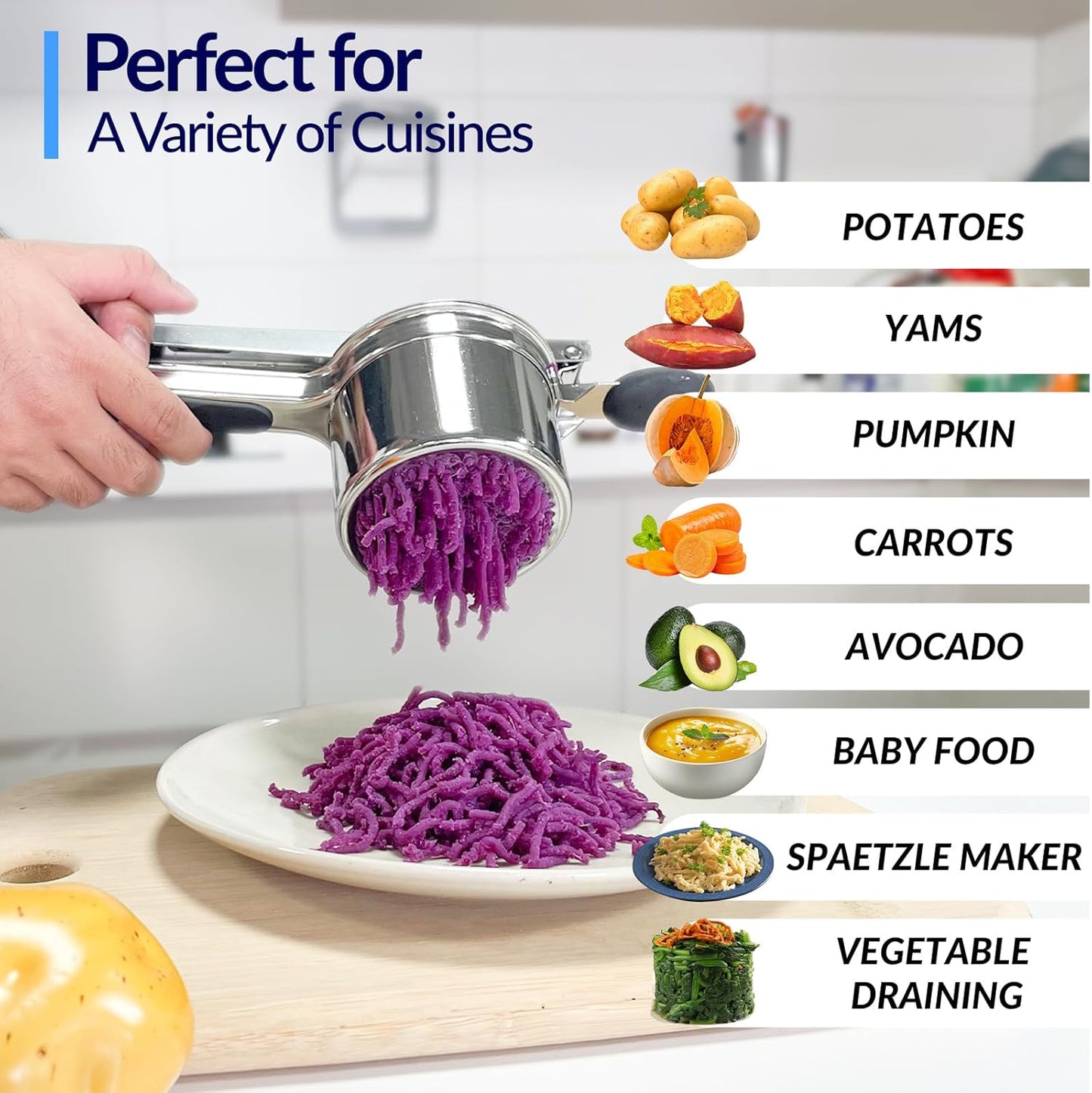 Potato Ricer, Ricer for Mashed Potatoes, 3 Interchangeable Discs Potato Masher Stainless Steel for Fluffy Mashed Potatoes, Heavy Duty Spaetzle Maker with Silicone Handle, for Gnocchi Spaghetti