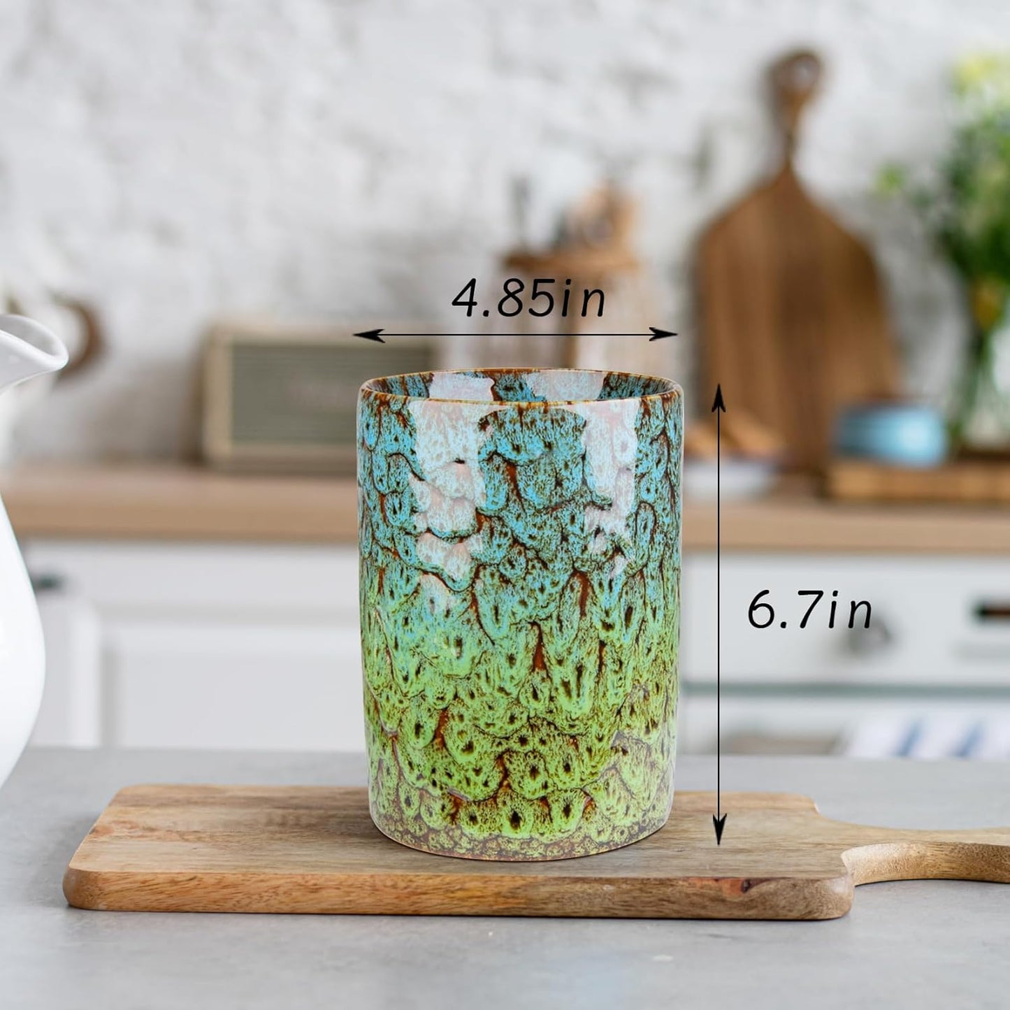 Utensil Holder, Ceramic Kitchen Utensil Holder for Countertop, Large Cooking Utensil Crocks for Kitchen Counter, Morden Utensil Organizer for Spatula, kitchen Decor, Blue & Green