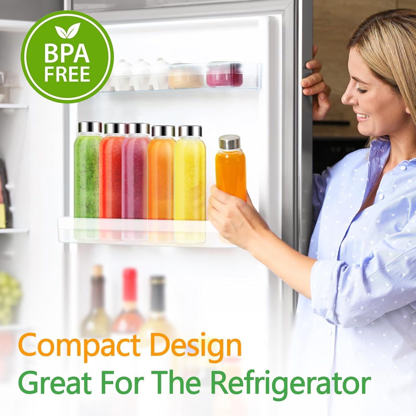 Zukro Glass Water Bottles with Lids 18 oz, 24 Pack Reusable Juice Bottles With Stainless Steel Airtight Cap for Juicing, Leak Proof Clear Drinking Jar Beverage storage container for Fridge, BPA Free