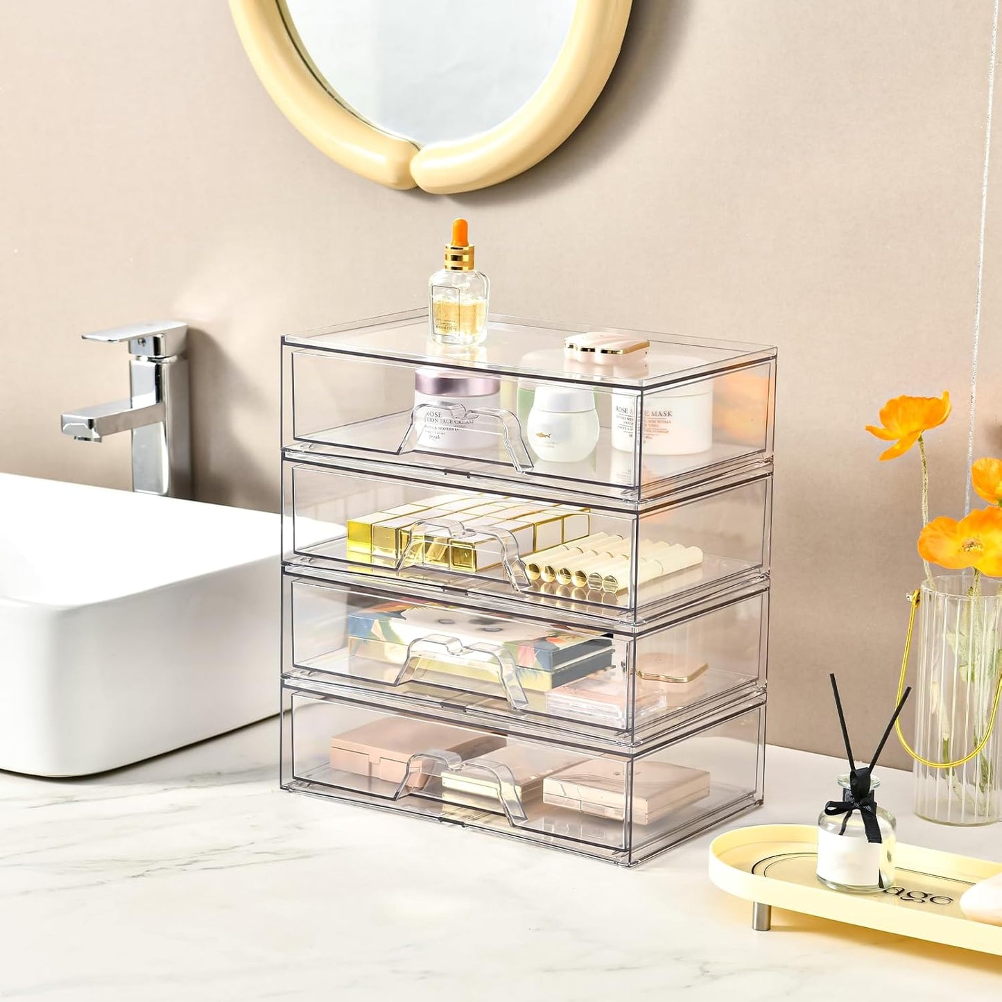 2 Pack Stackable Makeup Organizer, 12.1''L Acrylic Bathroom Organizer and Storage Undersink Drawer, Cosmetics and Beauty Supplies,Clear Plastic Storage Bins for Desk,Cabinet,Kitchen,Vanity,Pantry