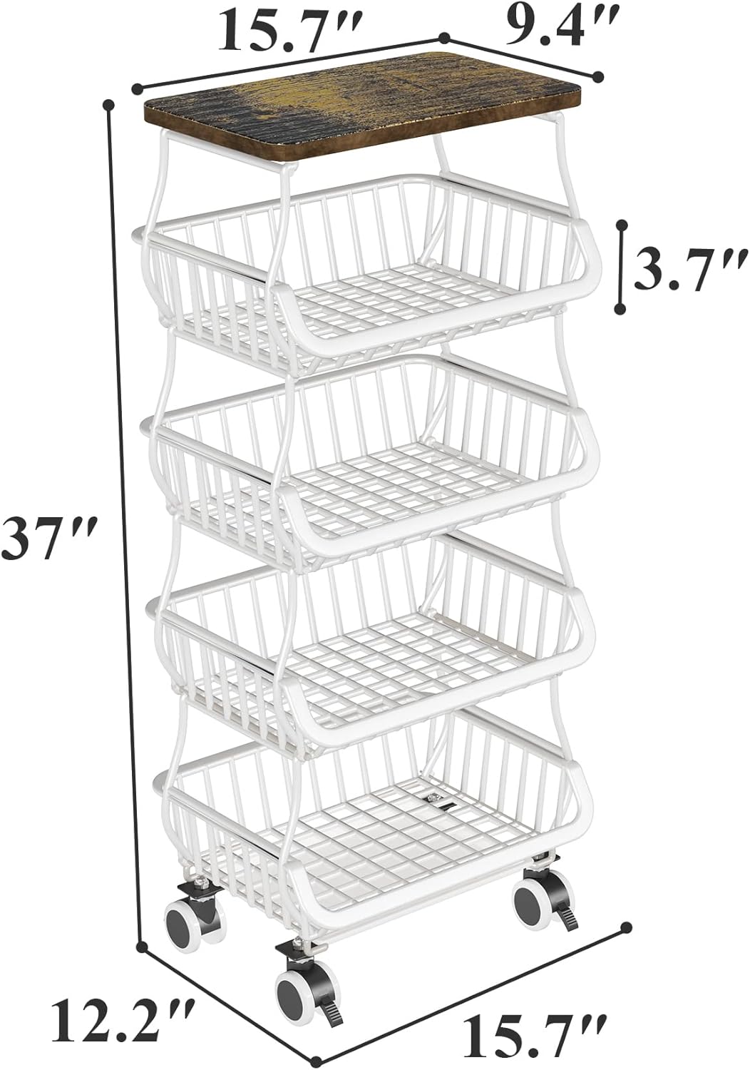 SAYZH Fruit Basket for Kitchen with Wood Top 5 Tier, Stackable Fruit and Vegetable Storage Cart, Wire Storage Basket with Wheels, Vegetable Basket Bins Rack for Onions and Potatoes, White