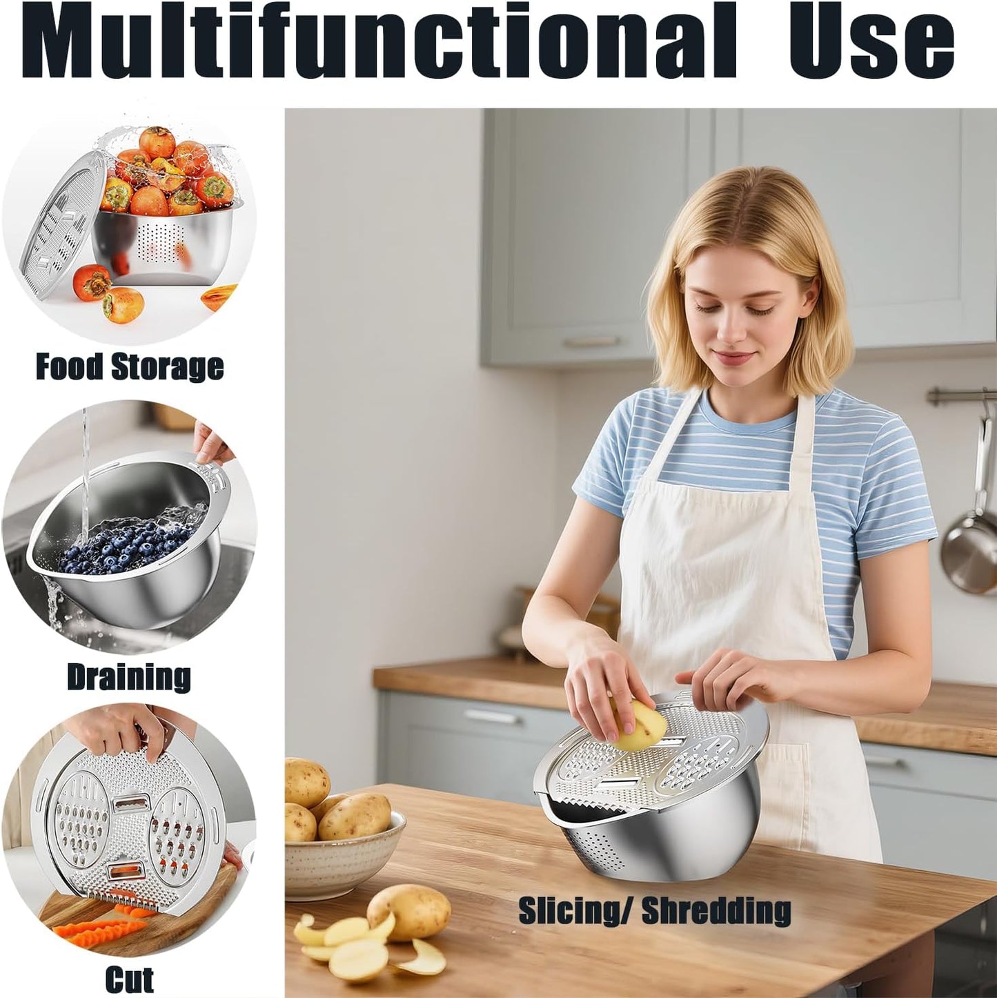 ESOW Colander Set Stainless Steel, Rice Washer Strainer Bowl with Grater, Multipurpose Use for Food Storage, Draining Water, Cutting and Slicing/Shredding, Kitchen Essentials