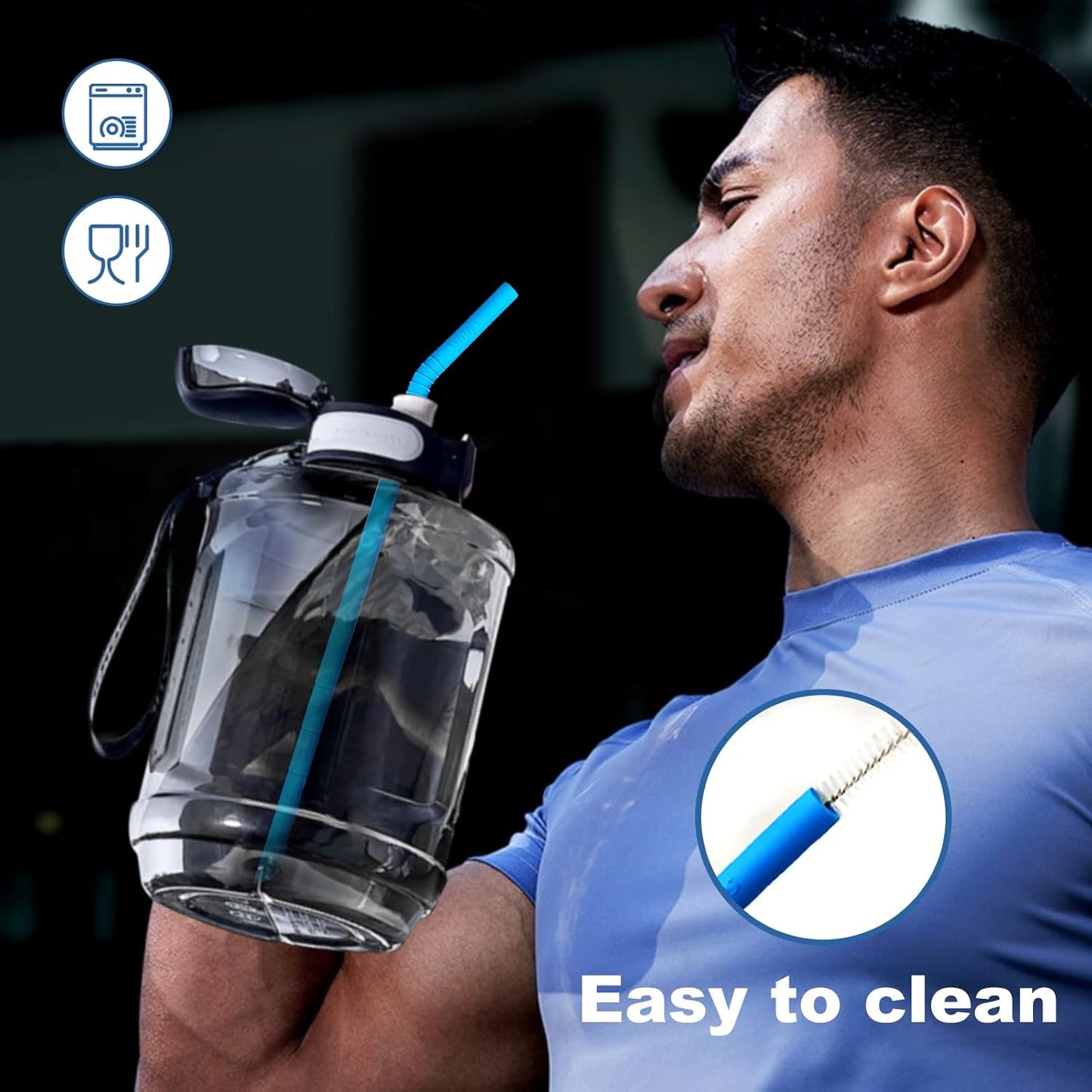 WALFOS 14.5 inch Extra Long Reusable Silicone Straws, Big Sizes Flexible Bendable Straws for 1/Half Gallon Large Water Bottles, 128 75 64 40 OZ Tumbler with Cleaning Brush (6-Pack)