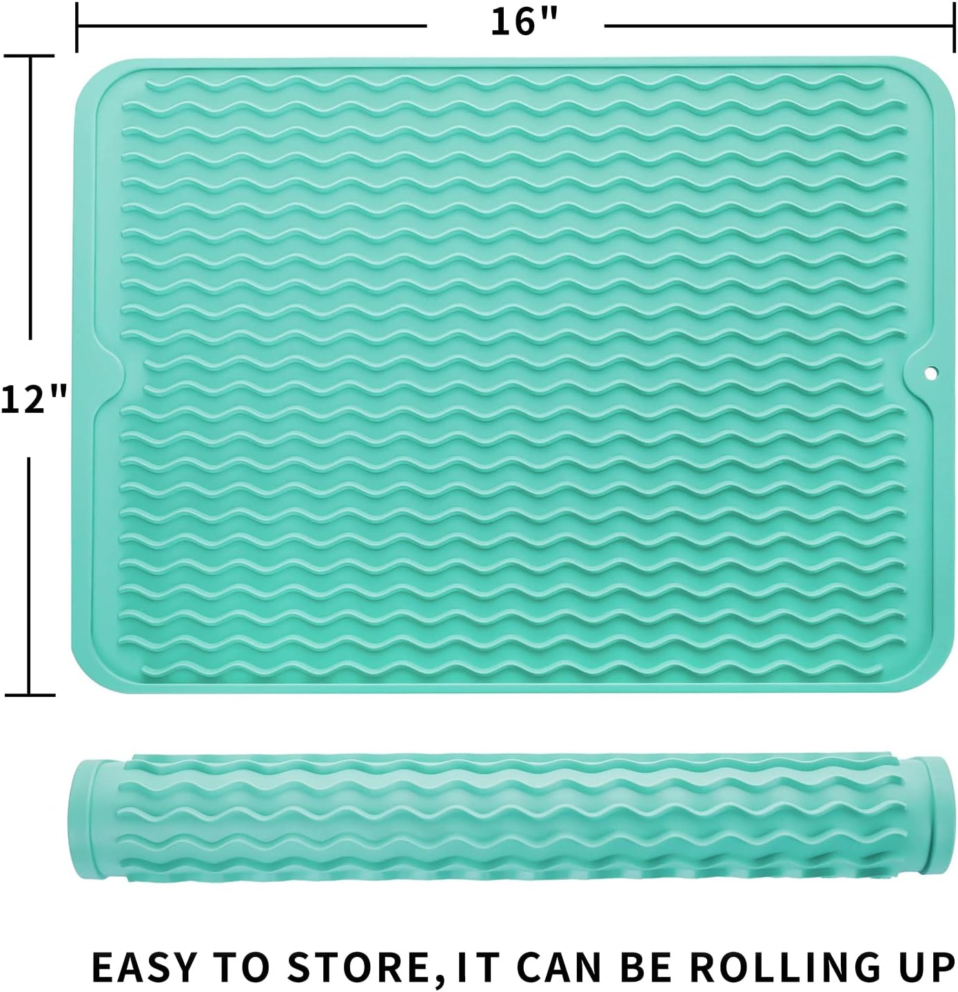 Silicone Dish Drying Mat for Multiple Usage,Easy clean,Eco-friendly,Heat-resistant Silicone Mat for Kitchen Counter or Sink,Refrigerator or drawer liner Mint L 16 inches x 12 inches