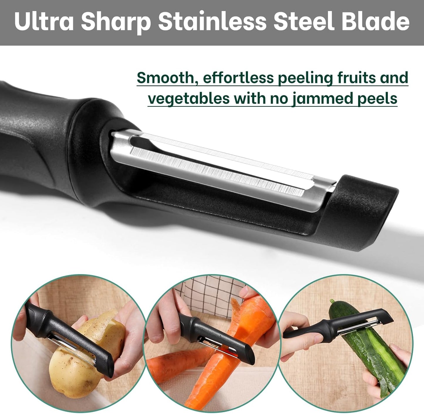 Beneno Swivel Vegetable Peeler, Razor-Sharp Smooth Peeling Stainless Steel Blades, Ergonomic Comfort Non-Slip Rubber Handle, Durable Kitchen Peeler Tool with Potato Eye Remover, Dishwasher Safe, Black