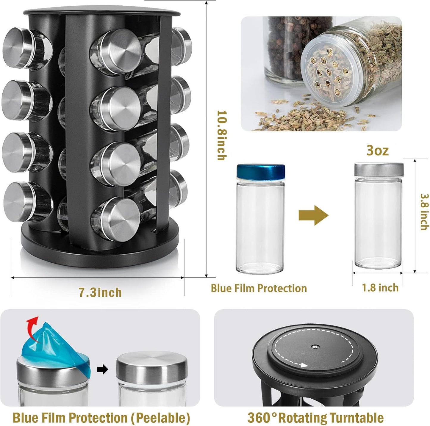 Black Countertop Rotating Spice Rack, 16-Jars Revolving Spice Rack Organizer Tower, 135 Spice Labels with Funnel Complete Set, Seasoning Organizer for Kitchen Countertop, Cabinet