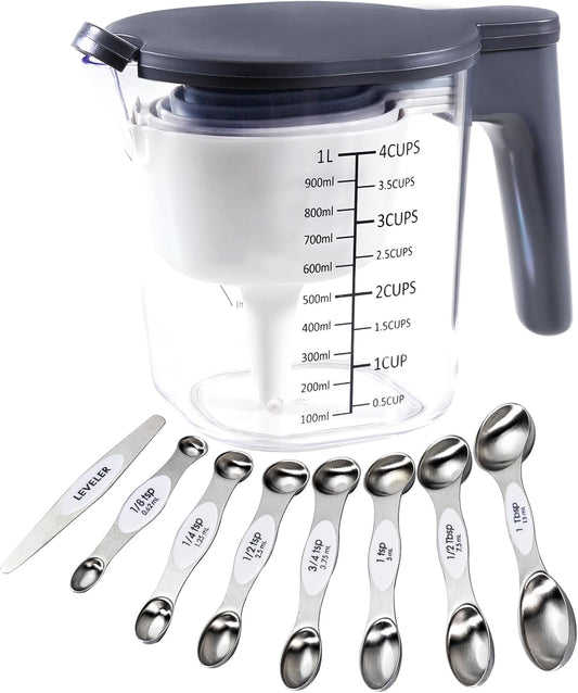 18 Pieces Measuring Cups and Spoons set, Includes 10 Stackable Measuring Cup with Lid and 8 Magnetic Measuring Spoons, for Liquid and Dry Ingredient, BPA Free (White)