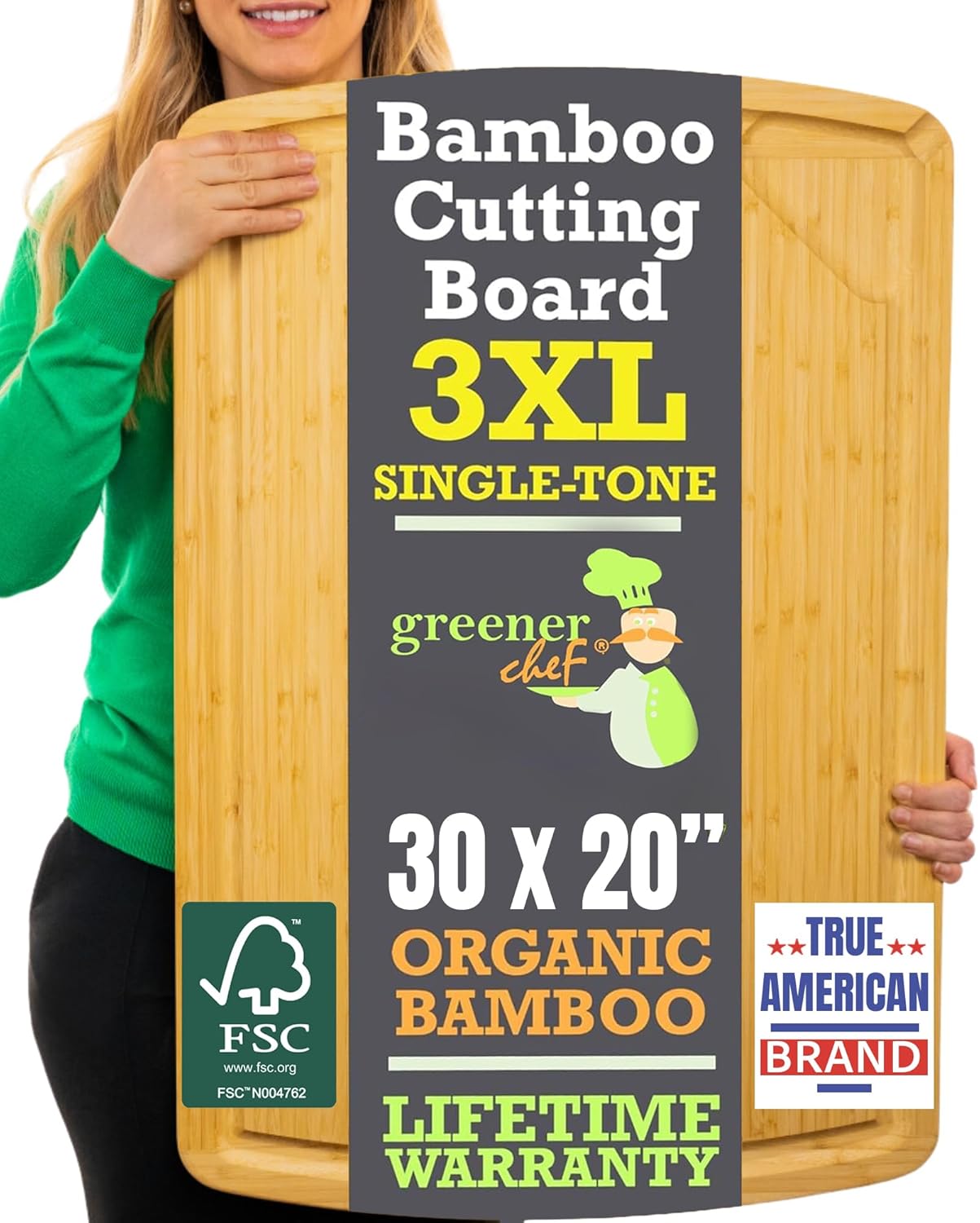 GREENER CHEF 30 Inch 3XL Extra Large Cutting Board with Lifetime Replacements - Oversized Bamboo Stove Top Cover Noodle Board - Wooden Meat Cutting Board - Turkey Carving Board - Charcuterie Board