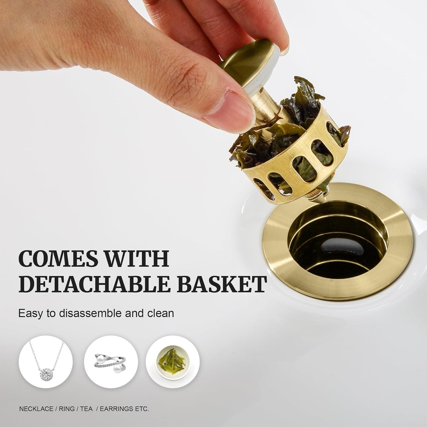 Pop up Sink Drain Stopper for Bathroom Vessel Vanity Sink Art Basin Brushed Gold, Small Cap with Overflow, Metal Pop-up Drain Strainer with Detachable Basket Stopper