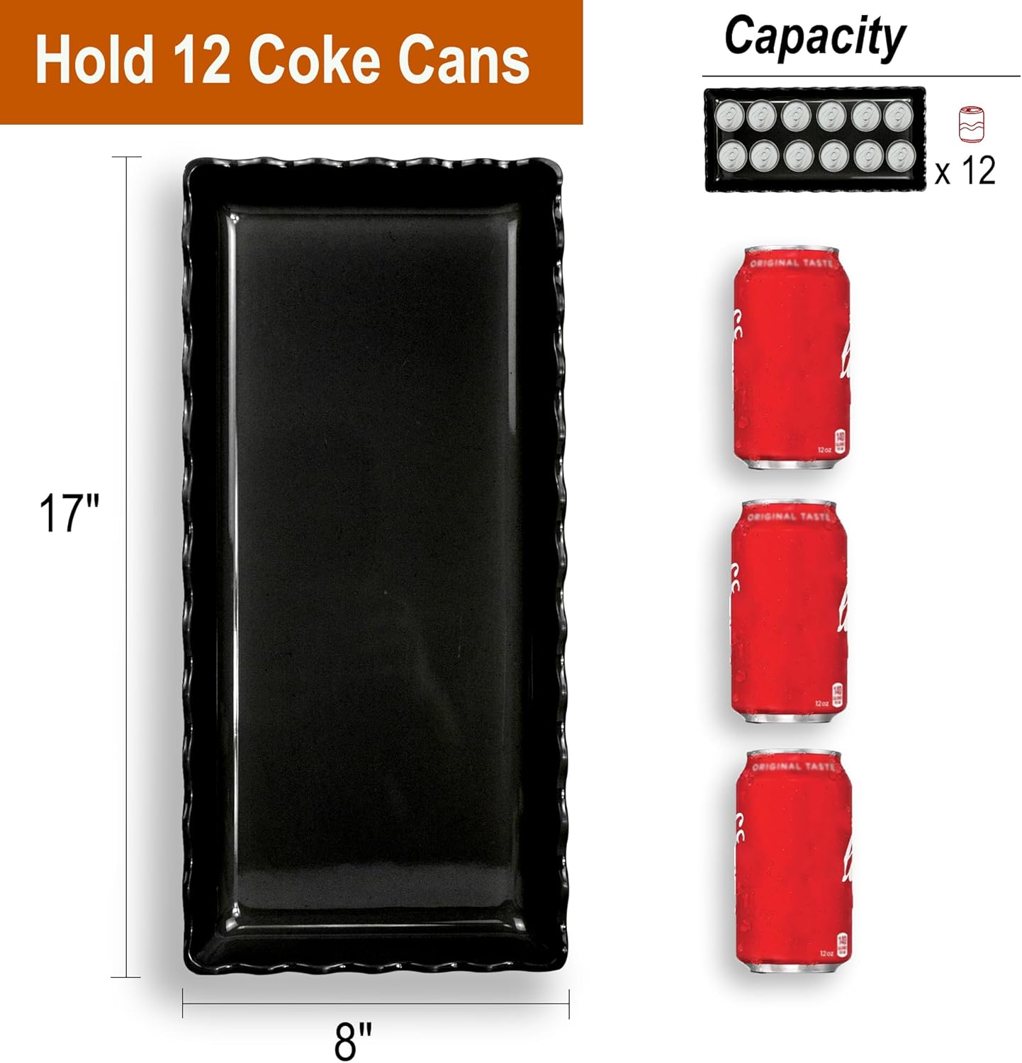 KAQAHIDO 17" x 8" x 1.5" Black Serving Tray Set, Wave Edge Melamine Platters for Cookie, Appetizer, Charcuterie, Snack, Dessert, Party Food Display, Stackable, Set of 2