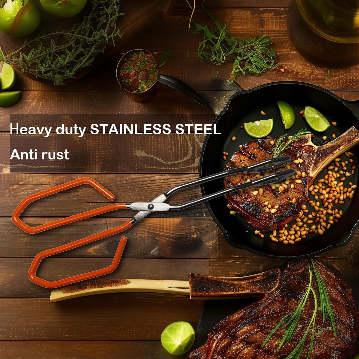 Stainless Steel Scissor Tongs, Heavy Duty, Kitchen Tongs for Food Cooking Barbecue BBQ Grilling and Serving 2pcs Orange