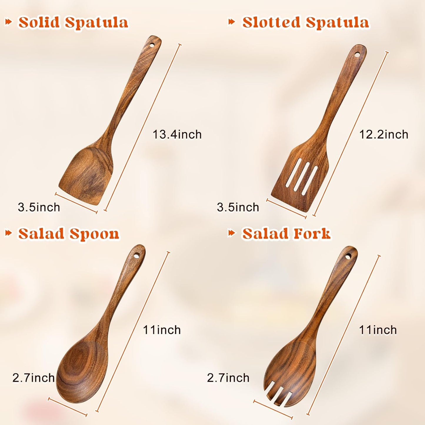 4Pcs Wooden Spoons for Cooking, Acacia Wood Kitchen Utensils Set for Nonstick Pans, Smooth Finish Cooking Utensils with Long Handle, Wooden Spatula for Cooking, Mixing, Baking